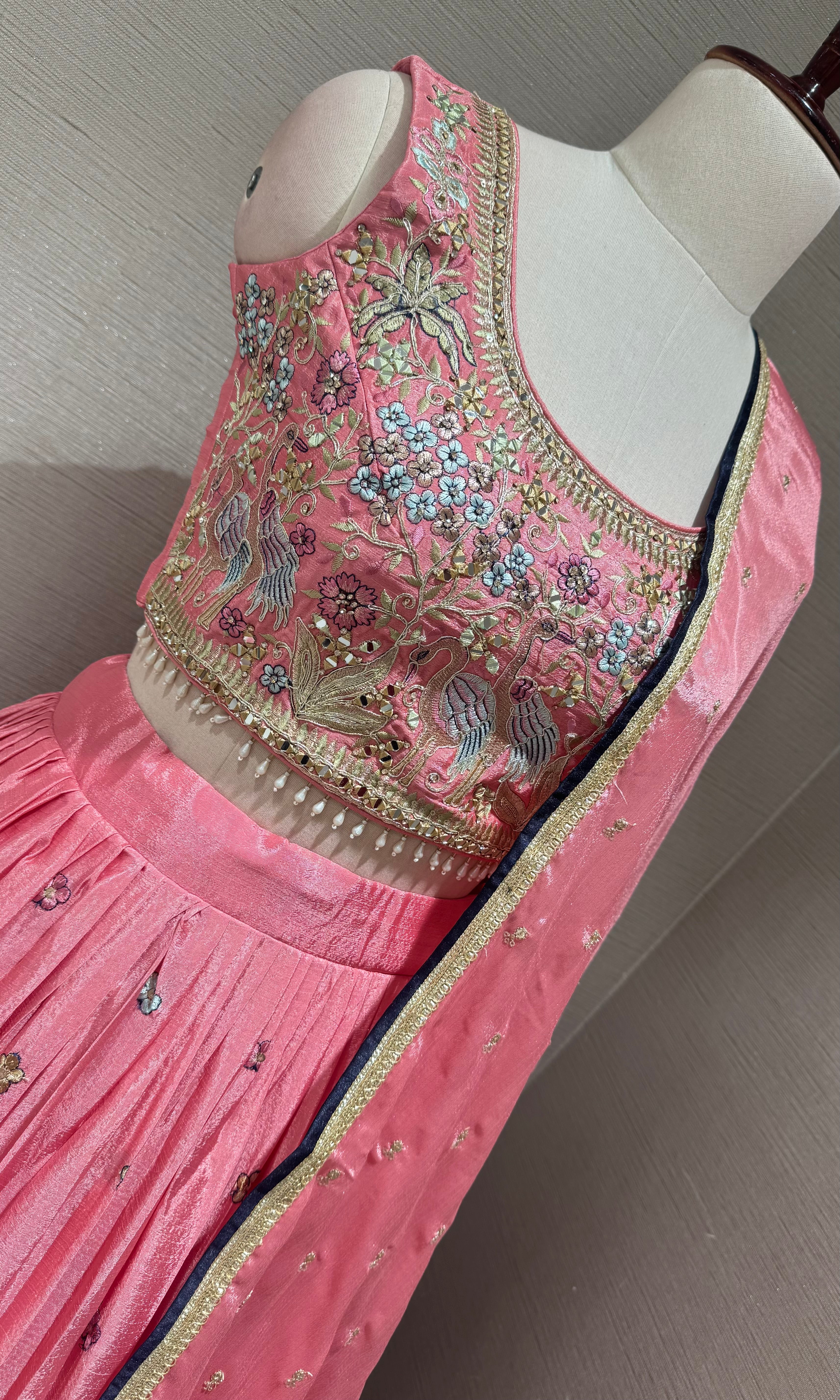 blush Pink Tissue silk Forest Floral Lehenga set