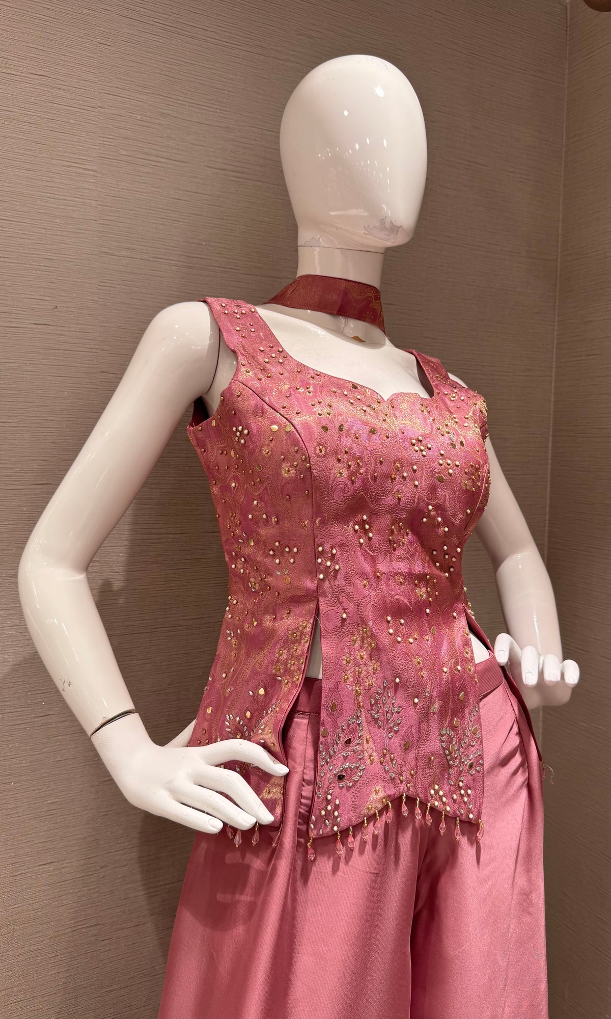 Onion Pink Satin Embellished Crop Top and Palazzo Set