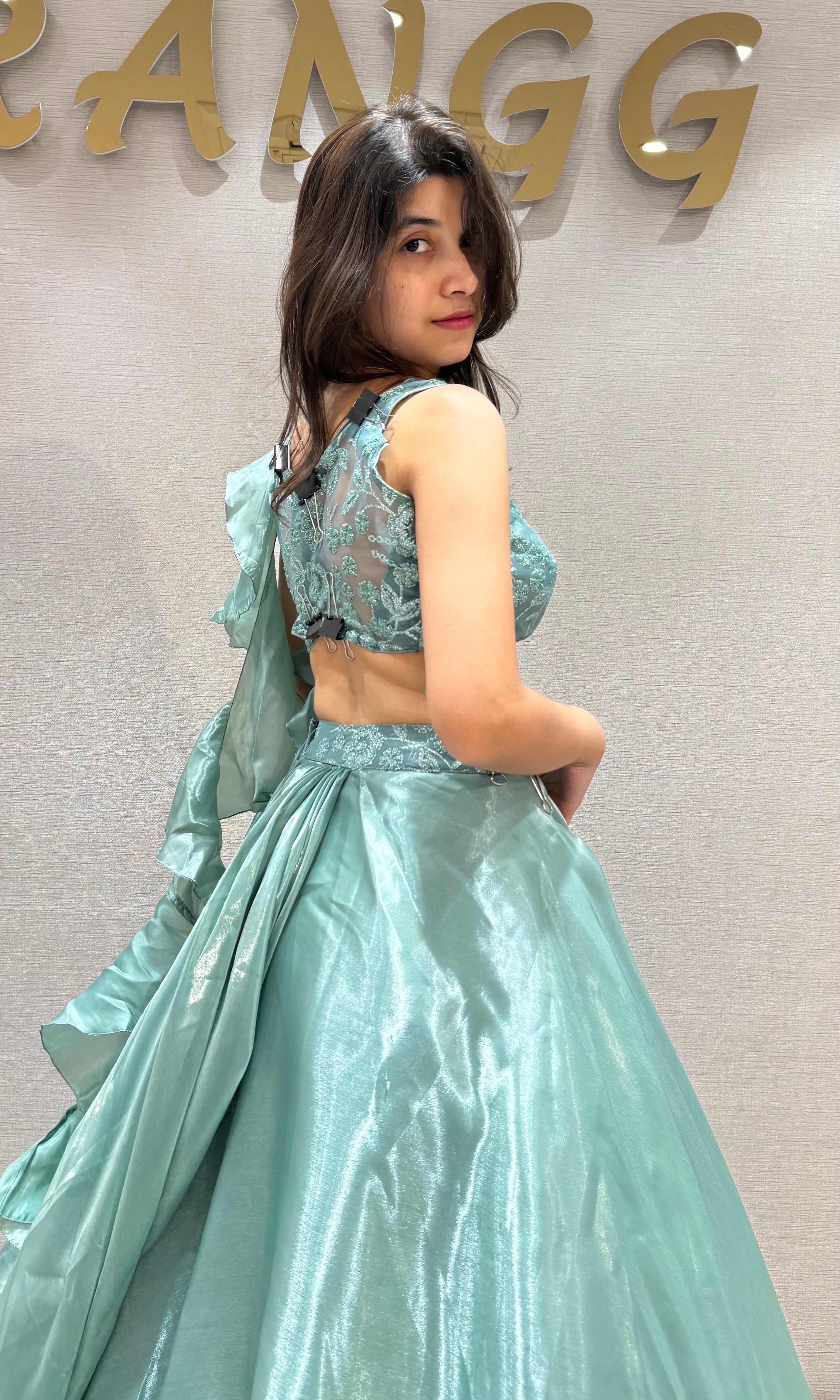 Sea Green Shimmering Organza Lehenga Set