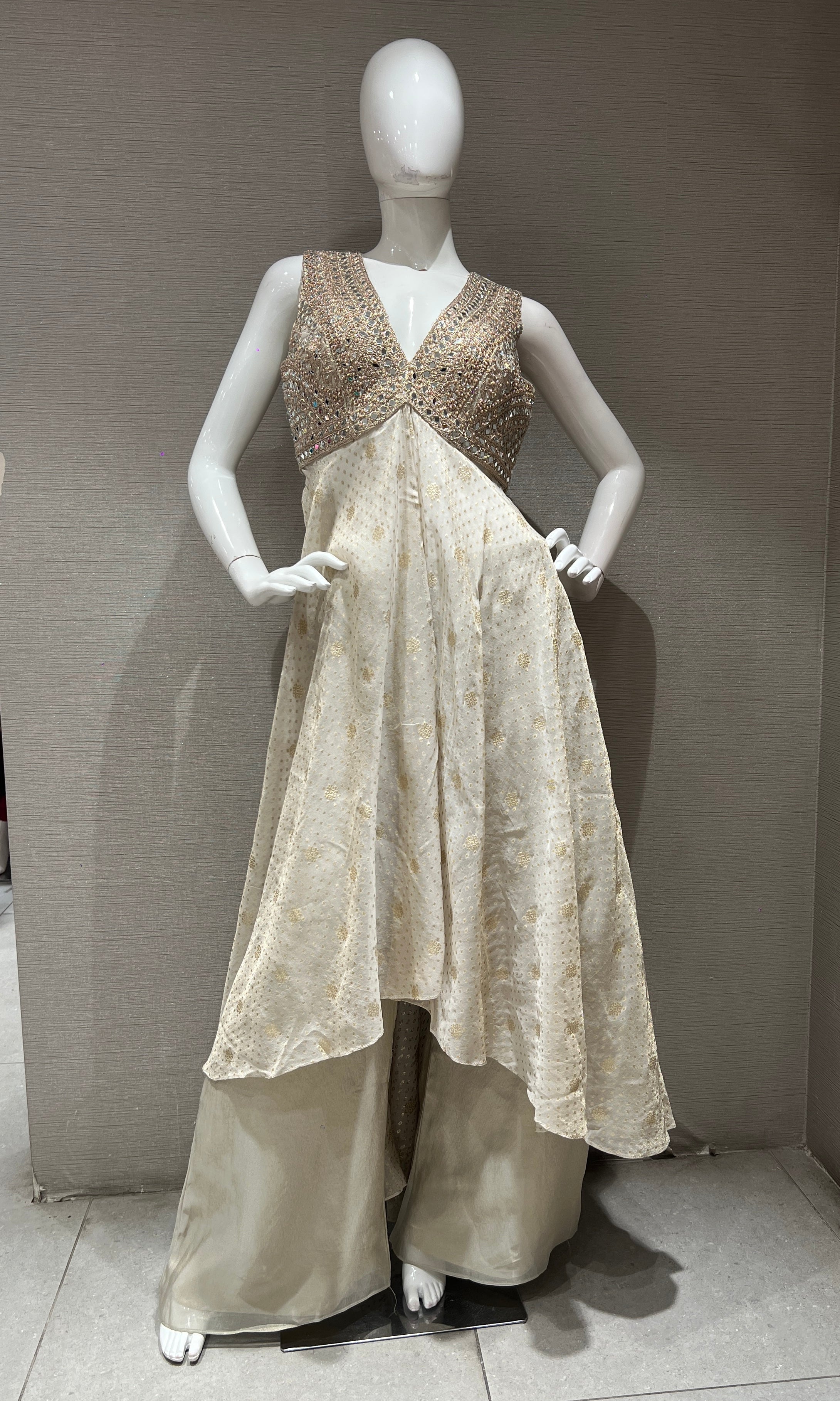 Beige Golden Embroidered Anarkali With palazzo pants