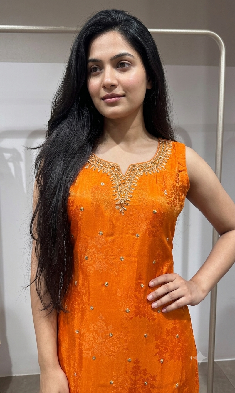 orange and gold Floral Embroidered Kurta set