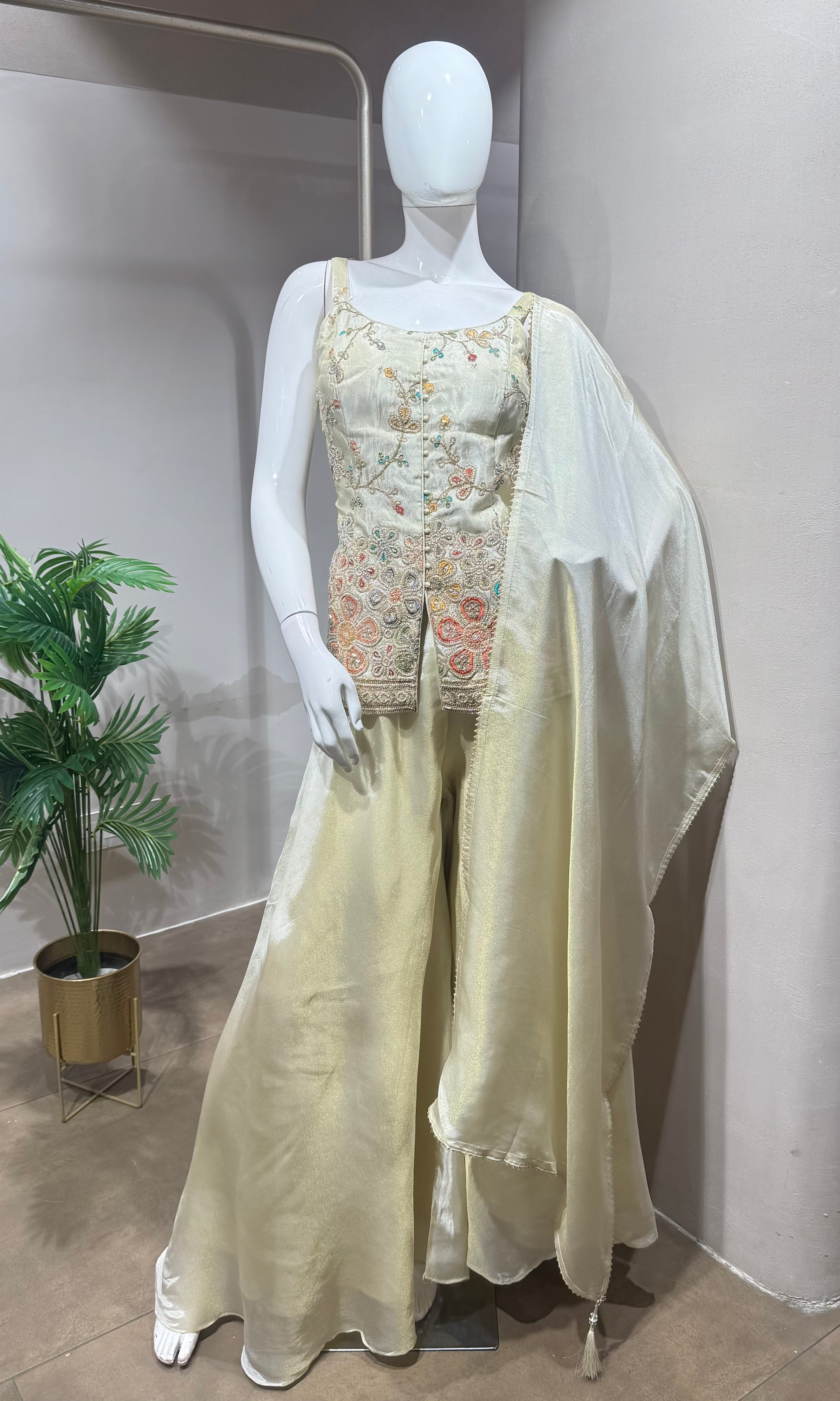 Cream Floral Embroidered Palazzo Set