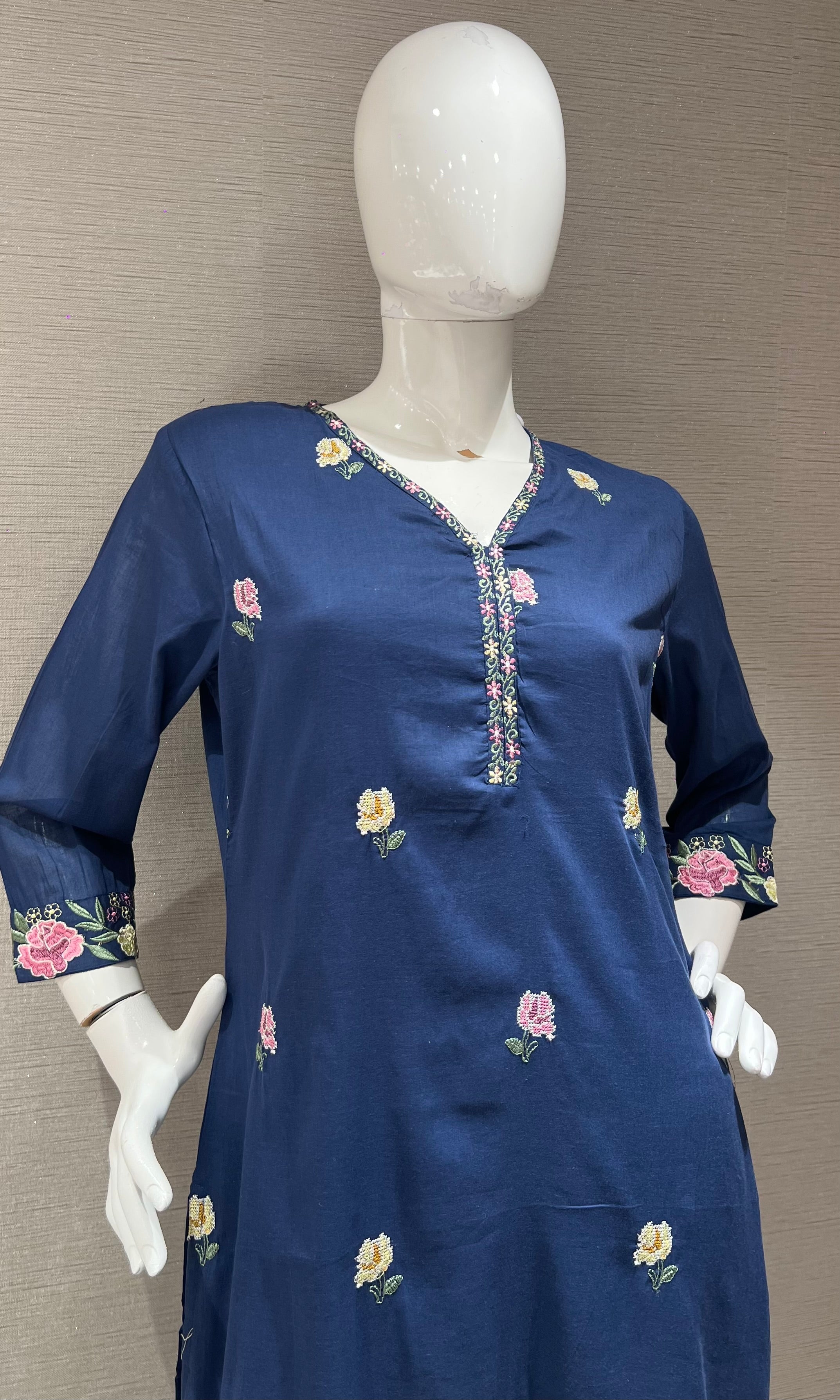 Blue Floral Chanderi Ethnic Kurta set