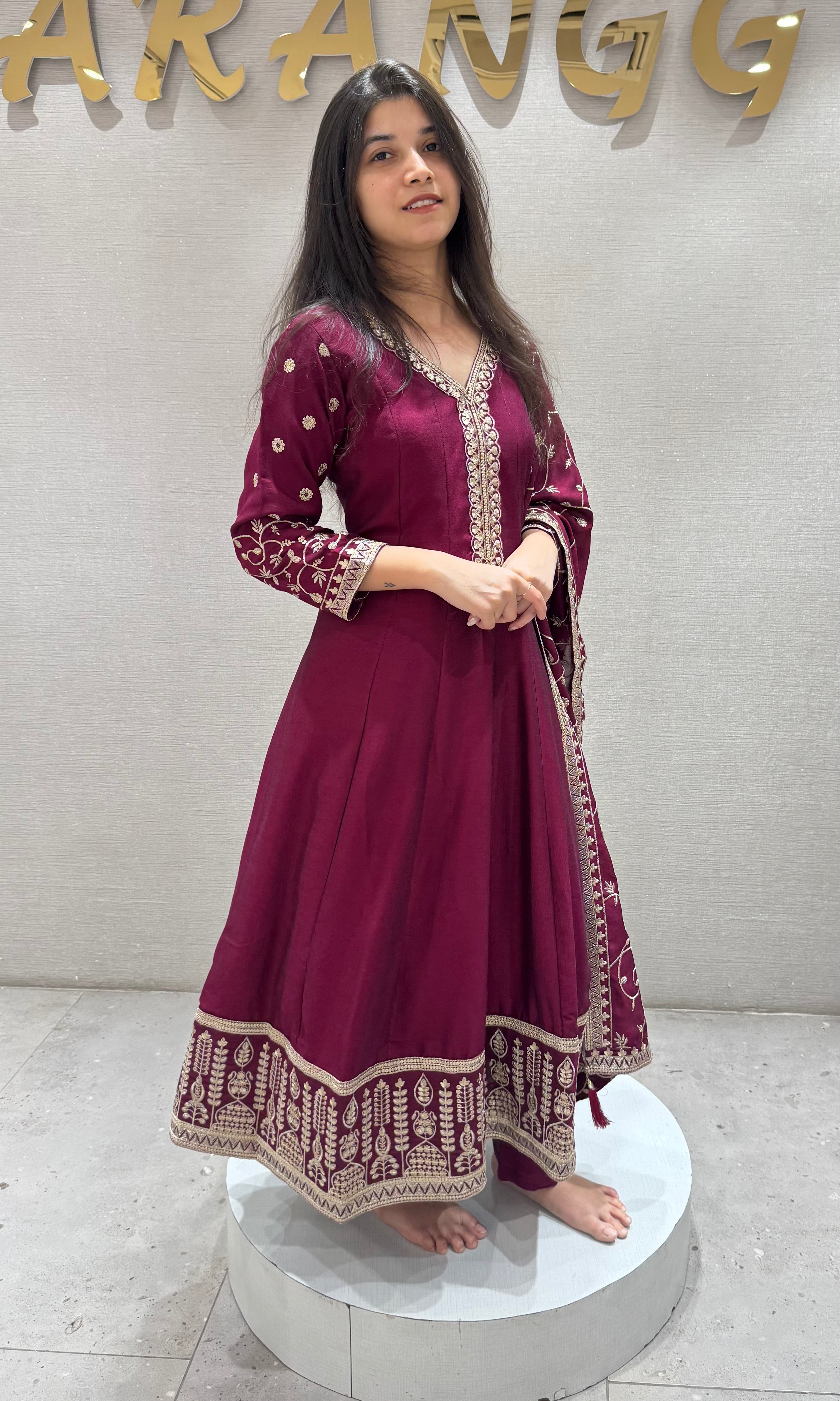 Wine Silk Embroidered Anarkali Set