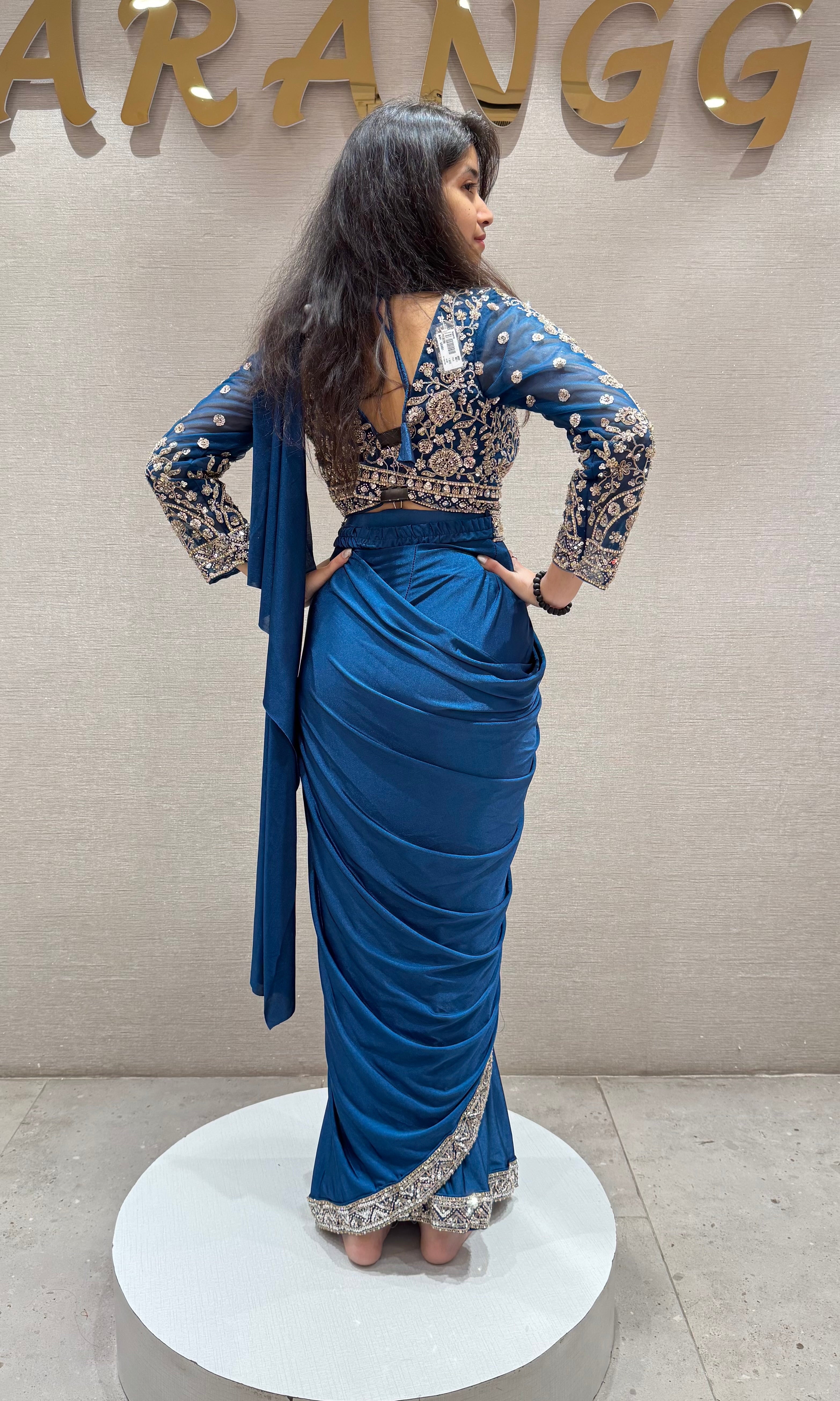 Blue drape saree WITH EMBROIDERED BLOUSE