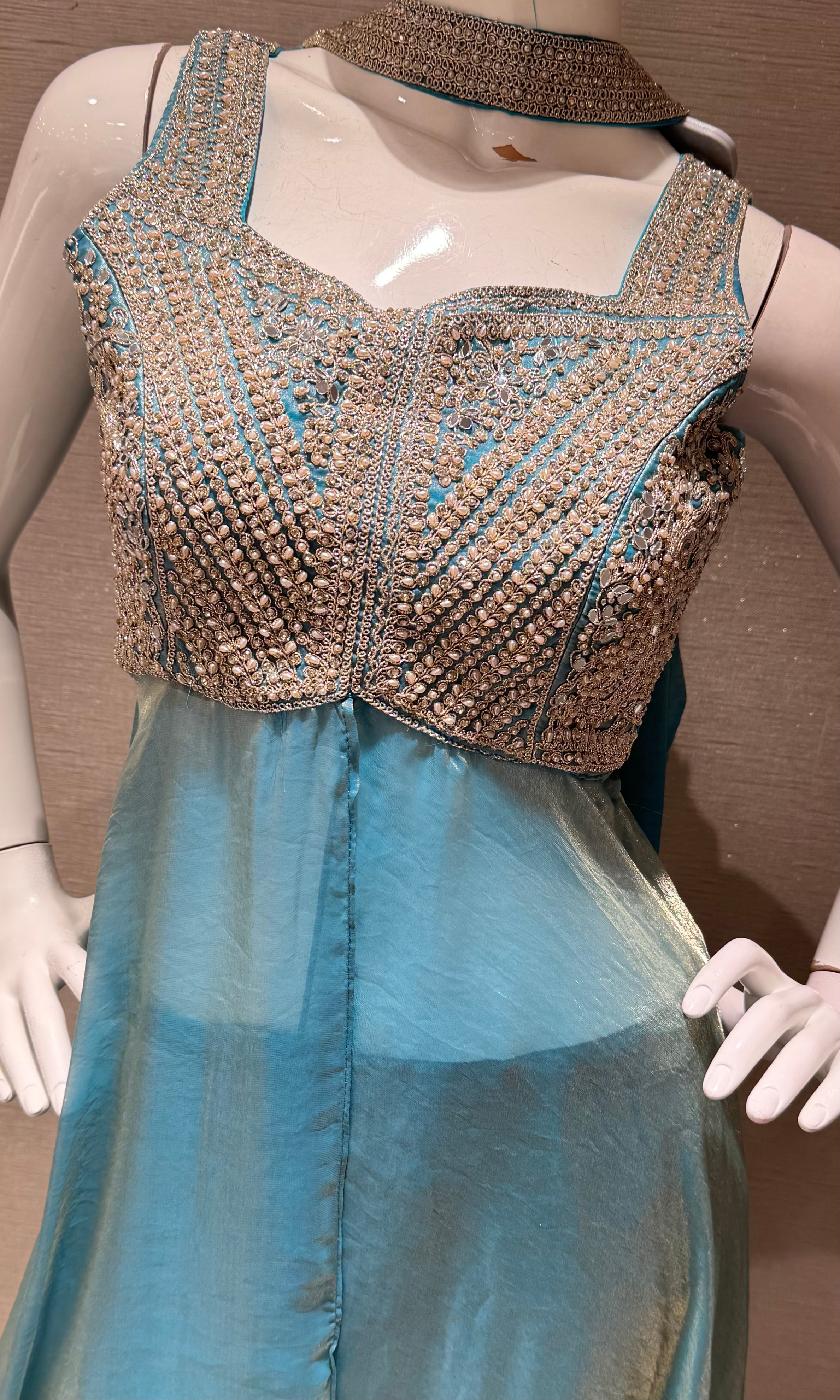 Blue embroidered shimmer tissue palazzo set