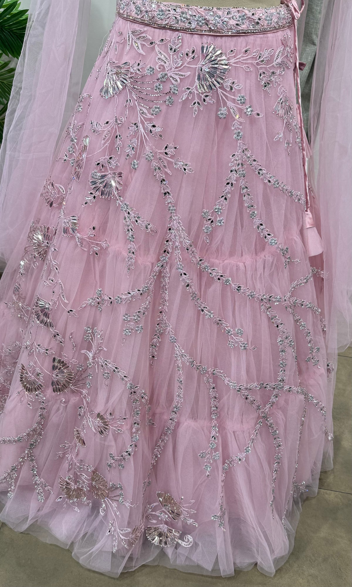 pink floral embroidered net crop top lehenga