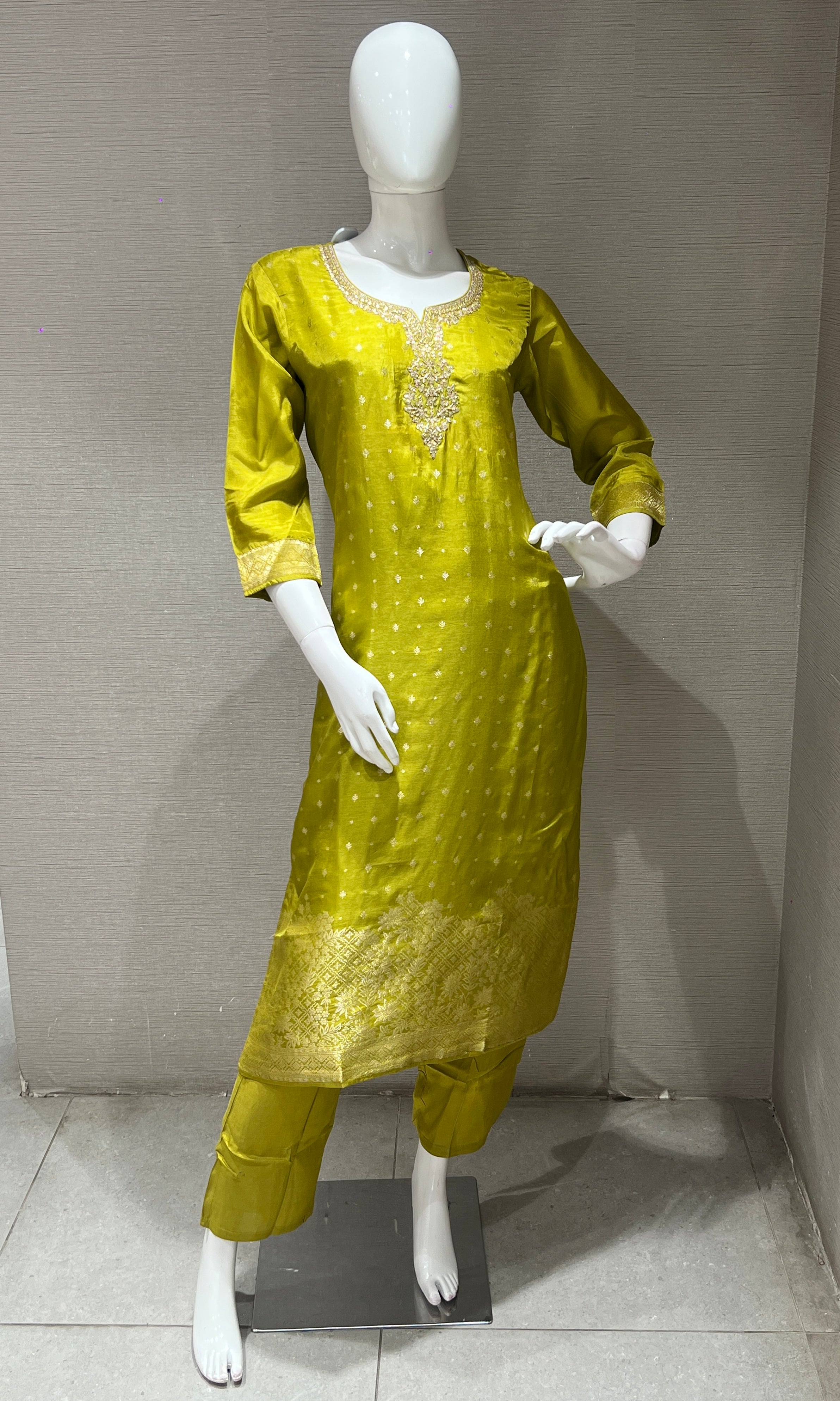 Lime Yellow Kurta Set with Contrast Dupatta