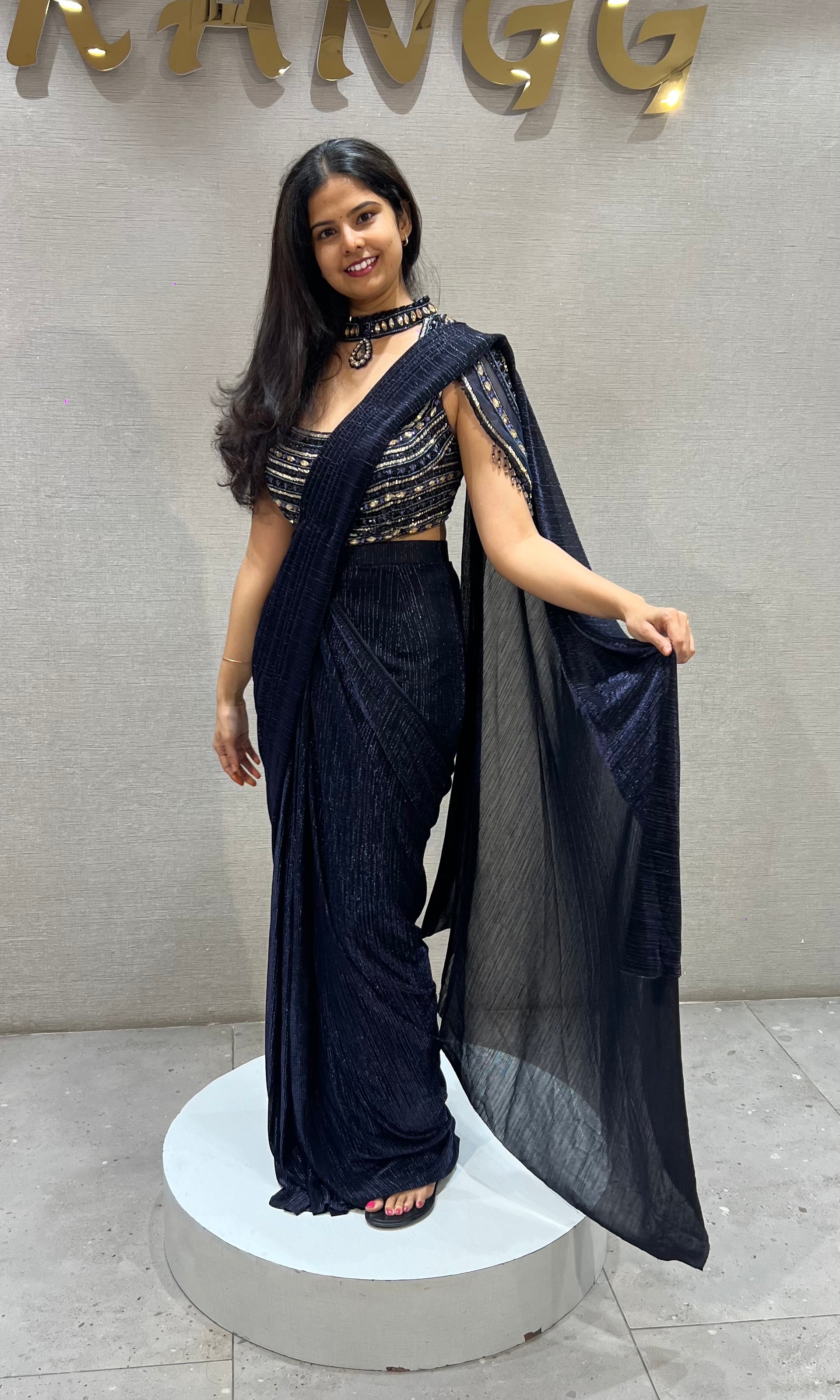 Blue Shimmer Drape Saree with Embroidered Blouse