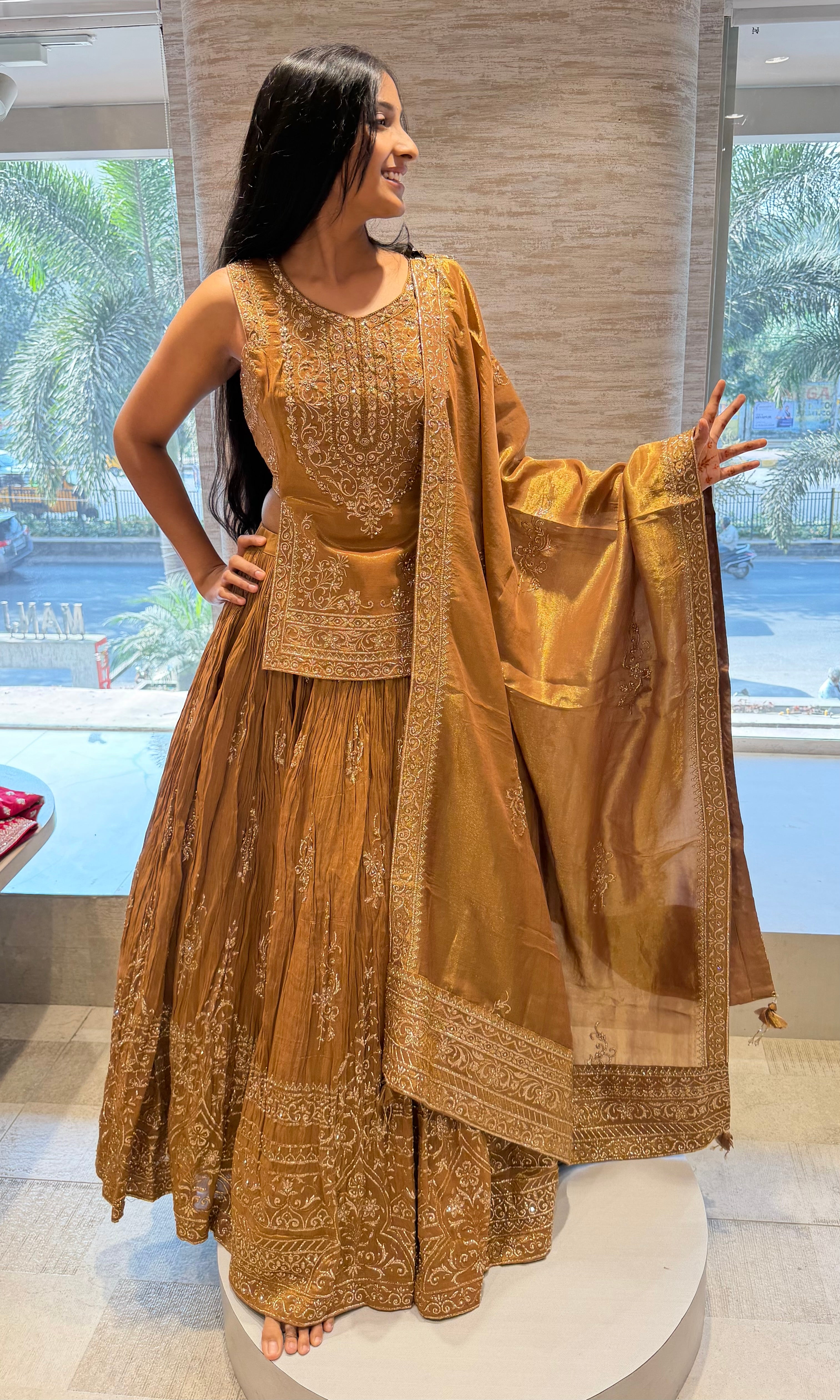 Brown Gold Heavy Embroidered Lehenga Set