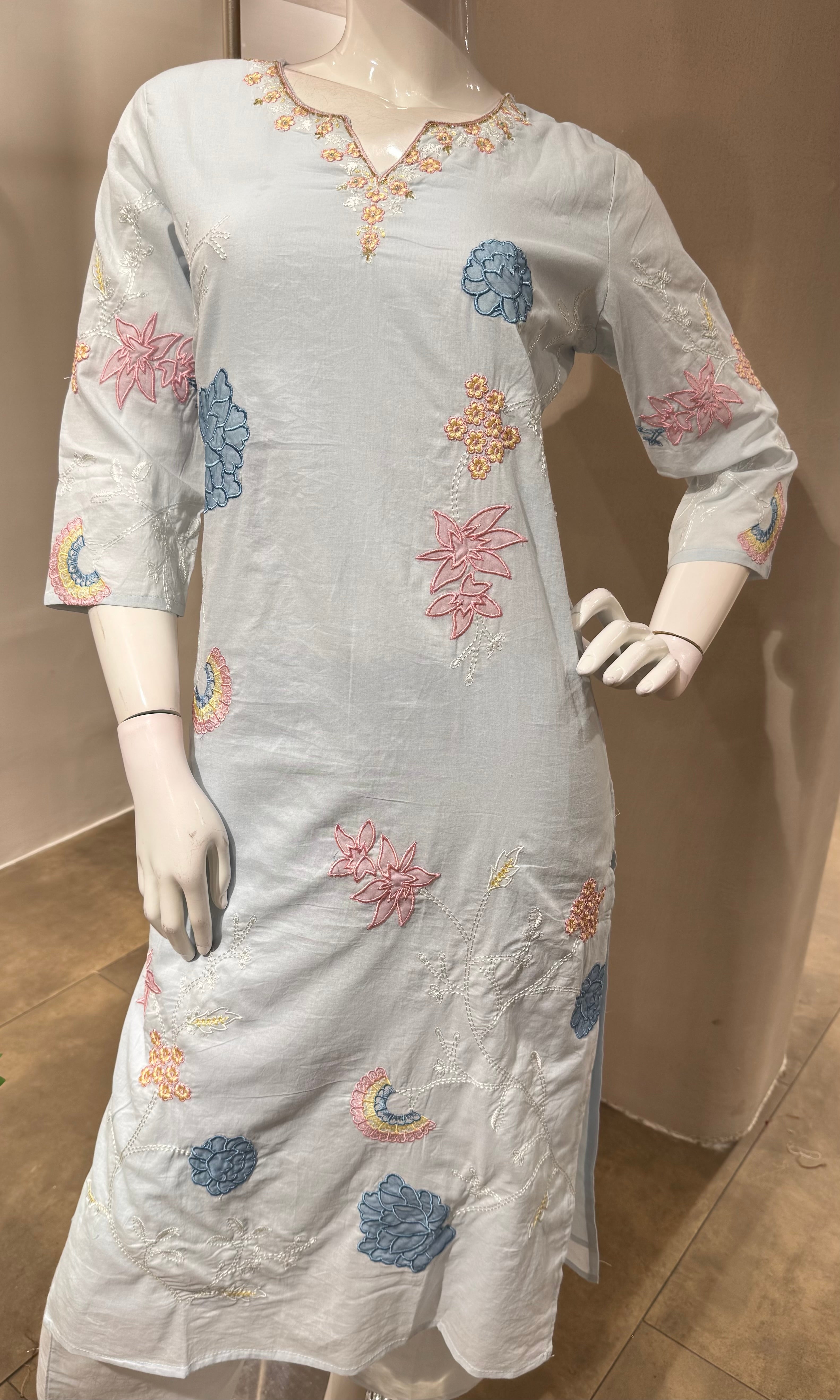 BLUE FLORAL MOTIFS COTTON KURTA SET