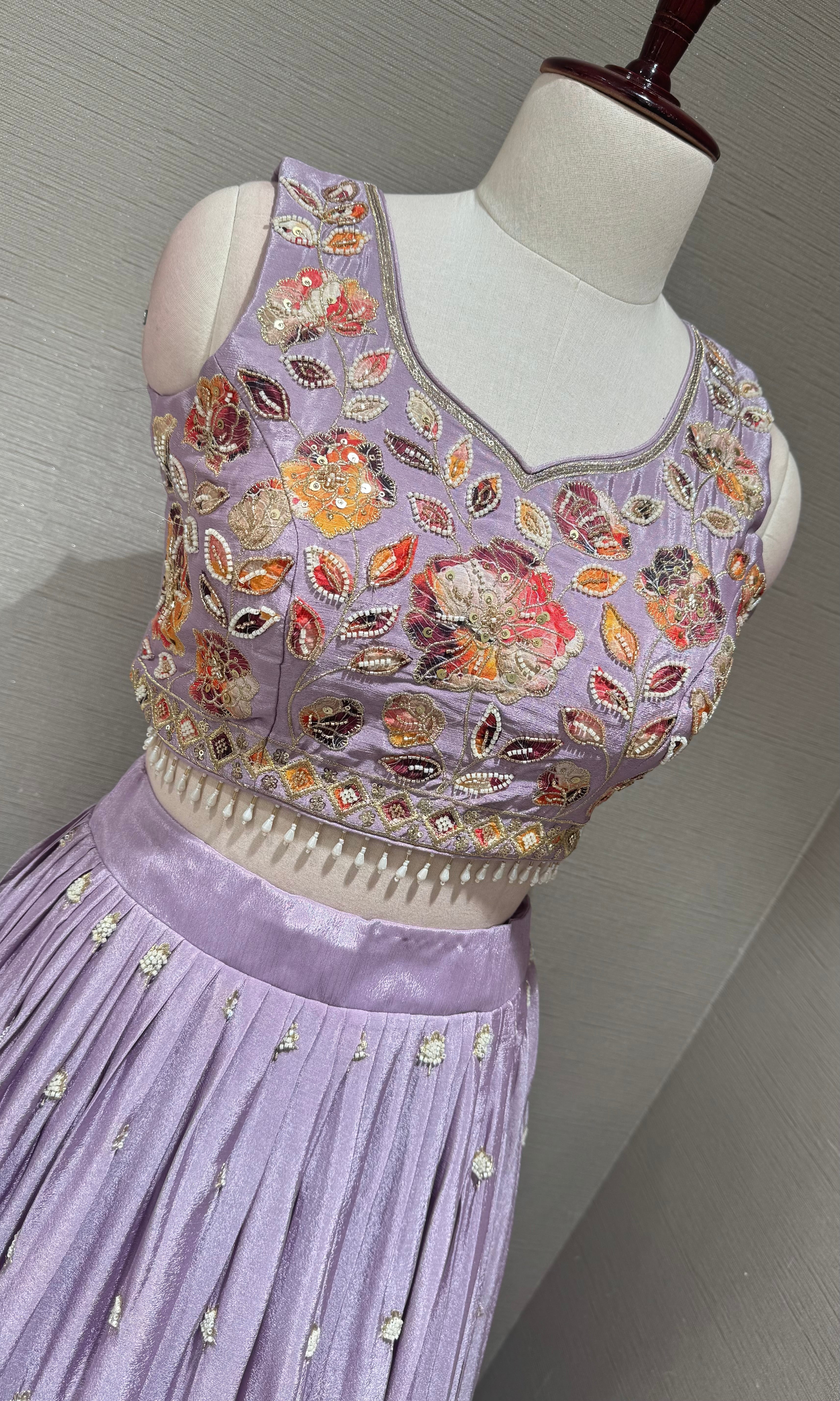Lilac Tissue silk Multi Floral Crop Top Lehenga set