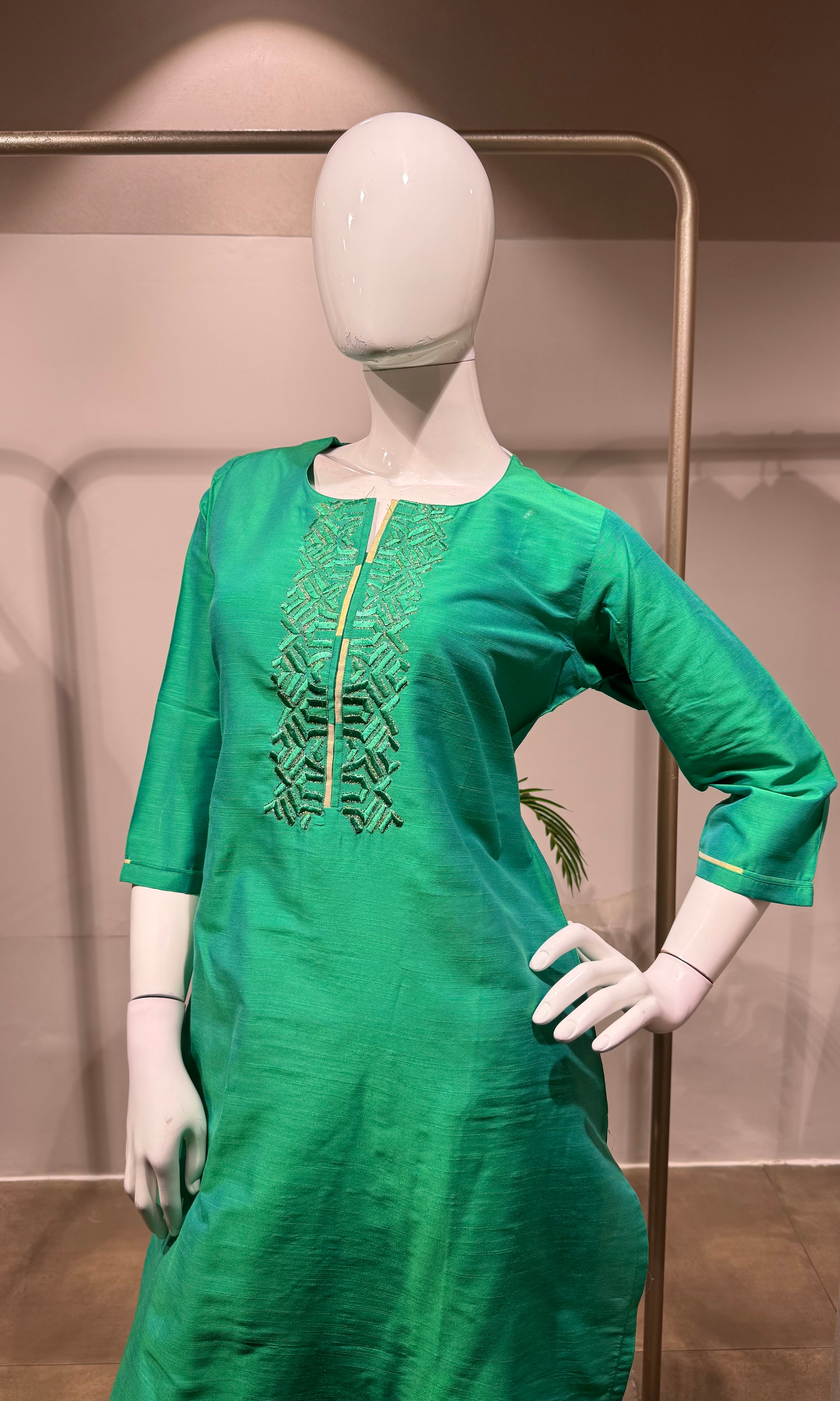 Green Embroidered Silk Straight kurta set