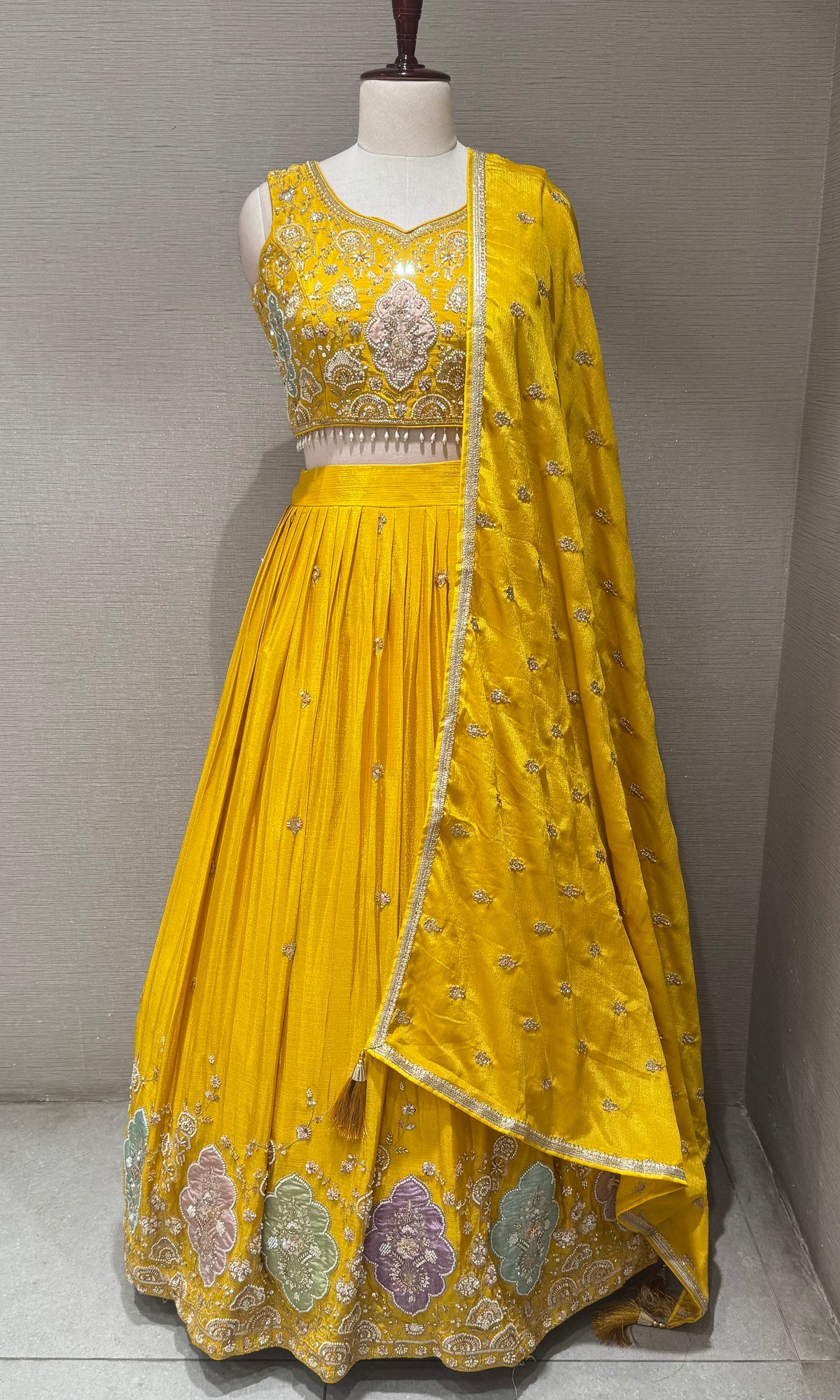 Yellow Tissue silk Lehenga with Multi Floral border