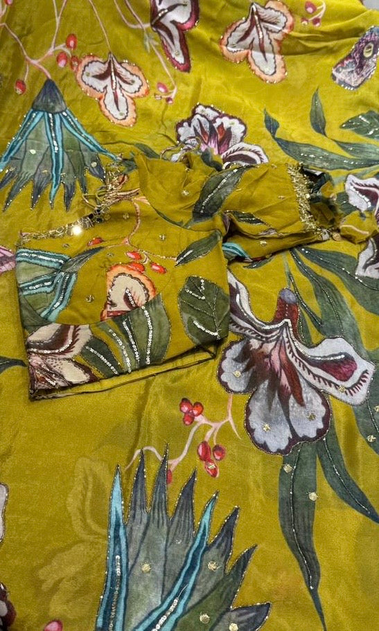 green floral saree with ready blouse