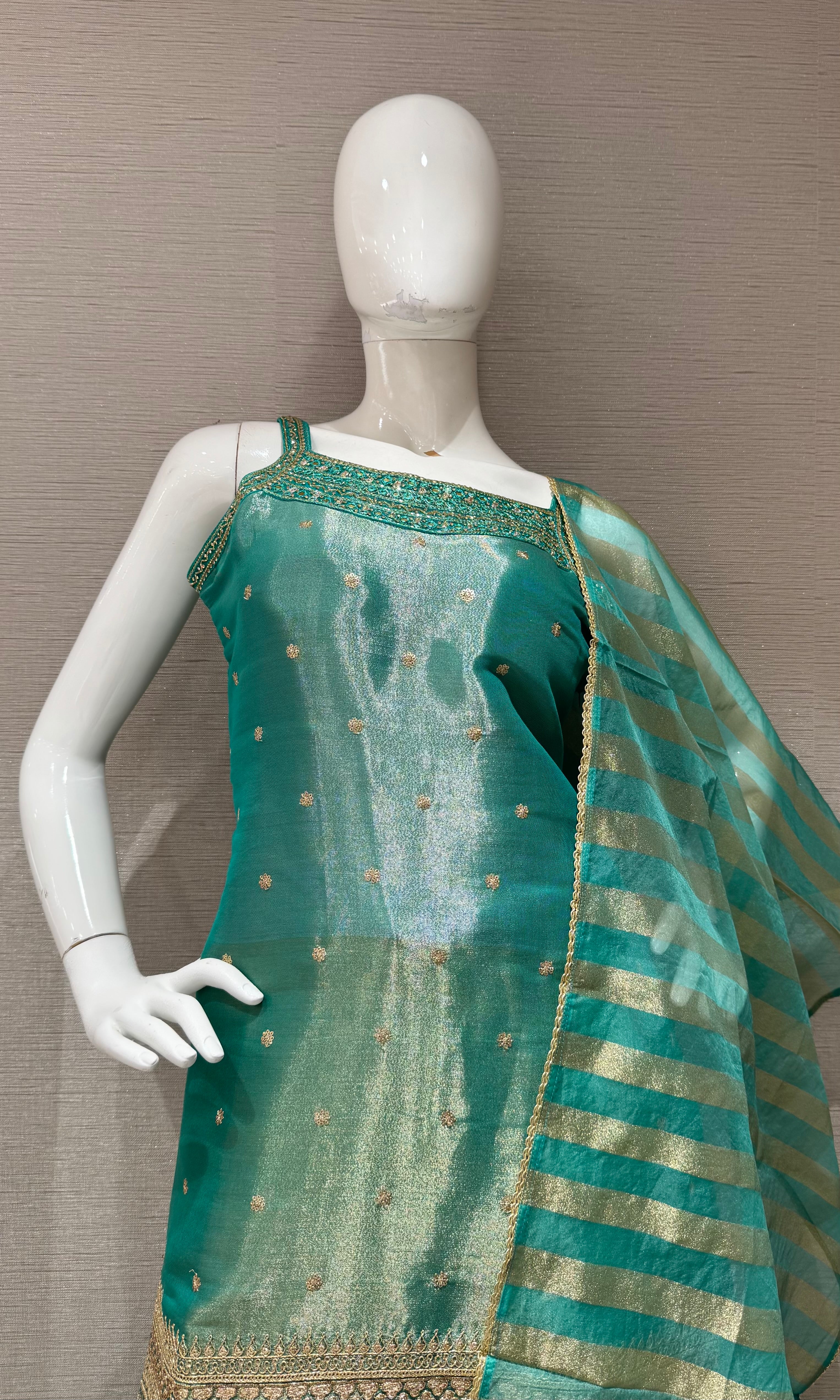Green and Gold Zari Sharara set with Sheer Dupatta