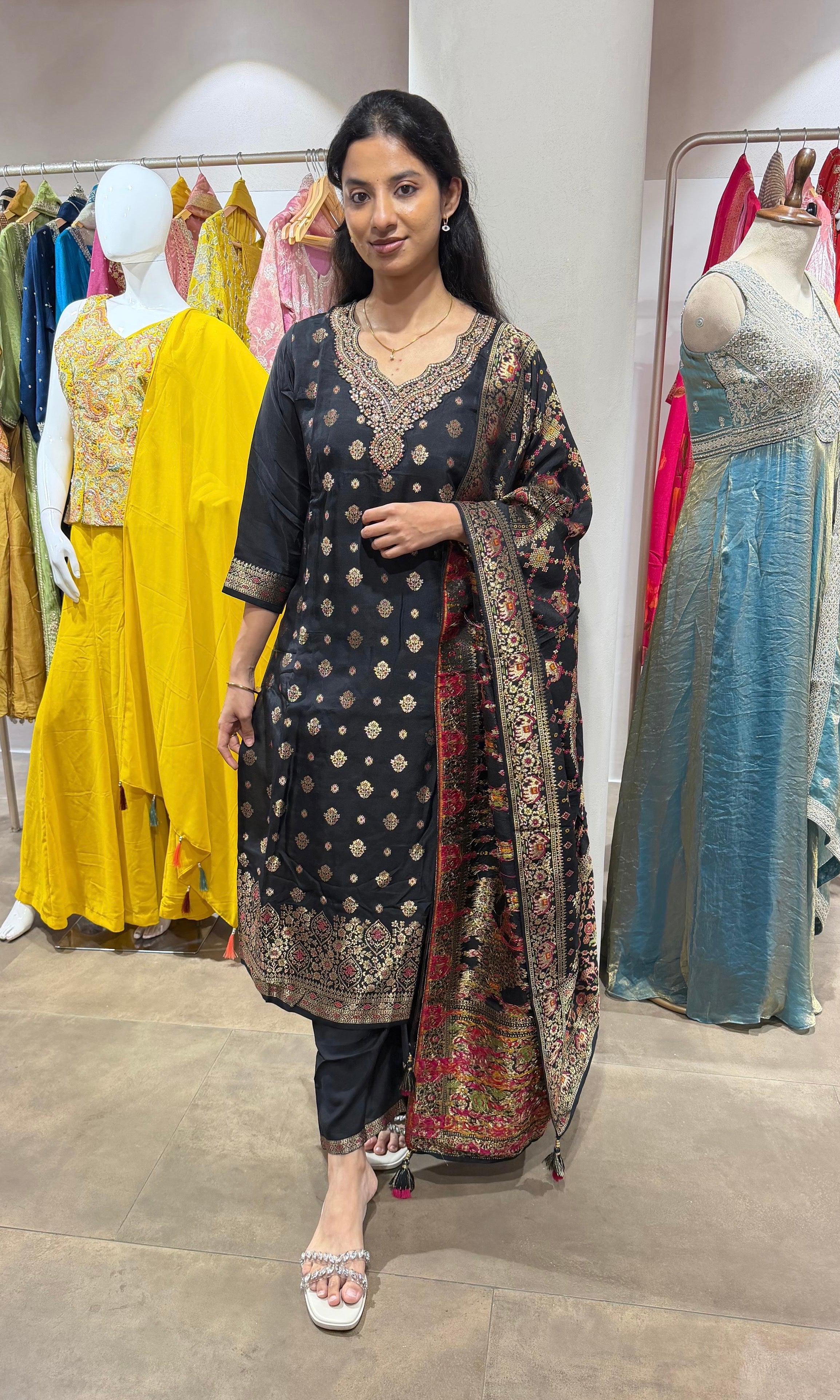 Black Banarasi Kurta Set with Buti Dupatta