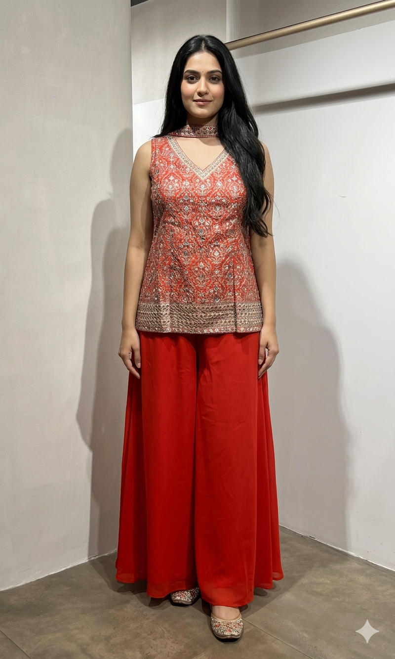 Rust EMBROIDERED PEPLUM PALAZZO SET