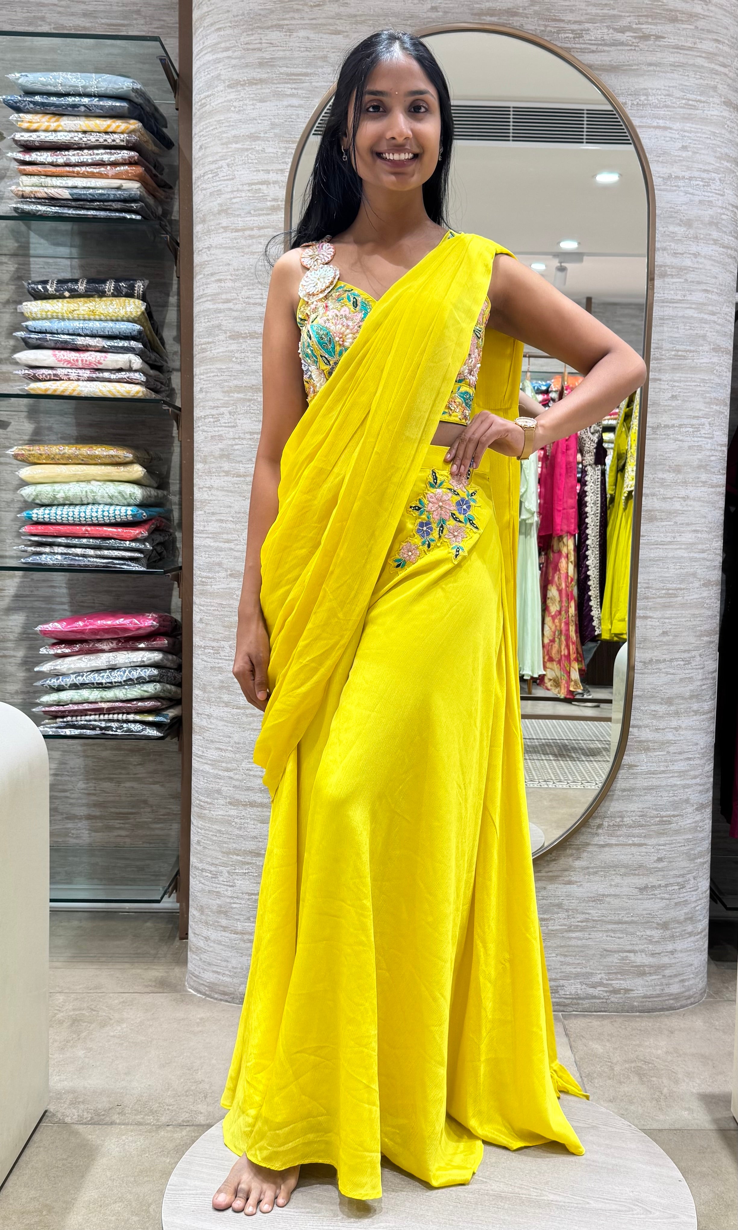 yellow intricate floral embroidery drape saree