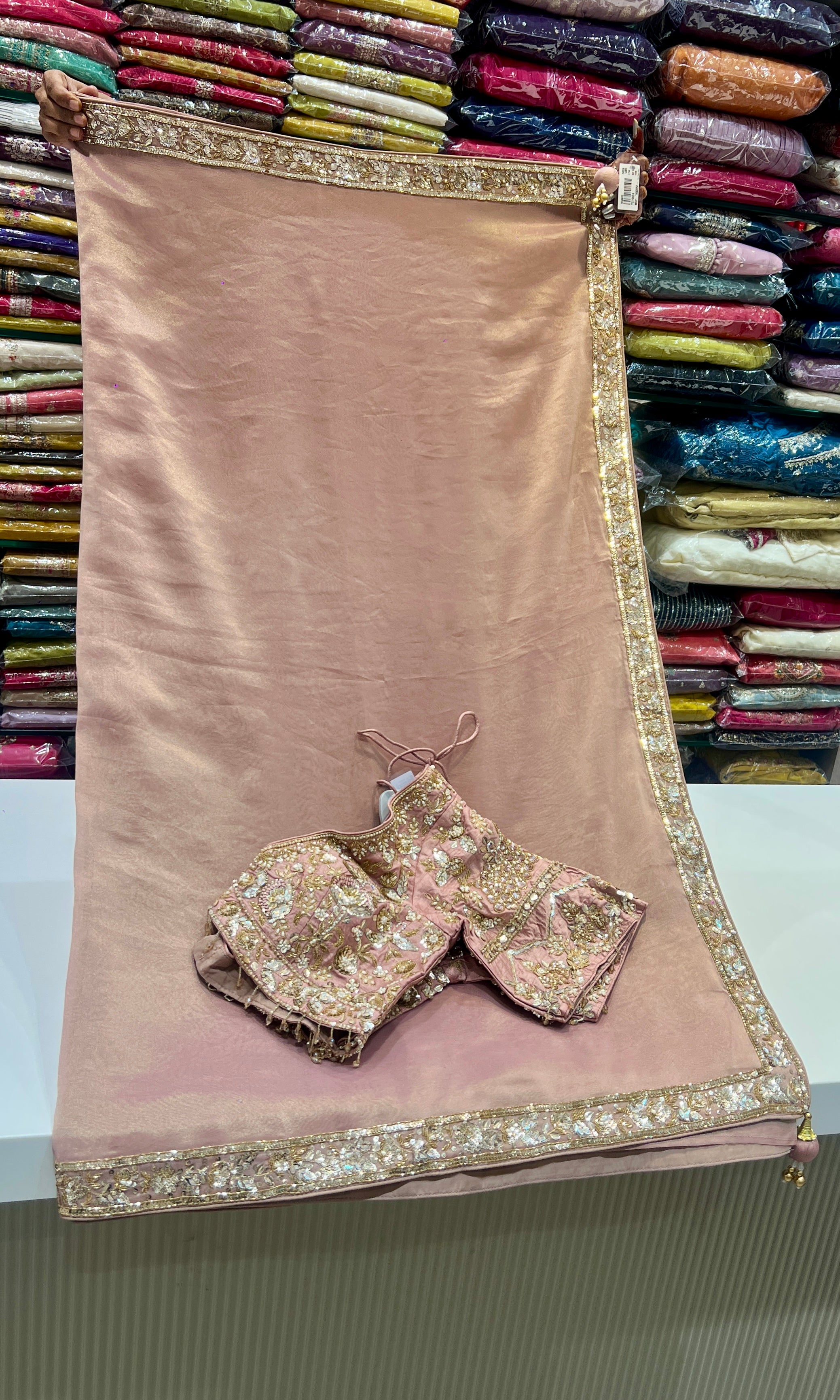 Onion pink saree with ready blouse