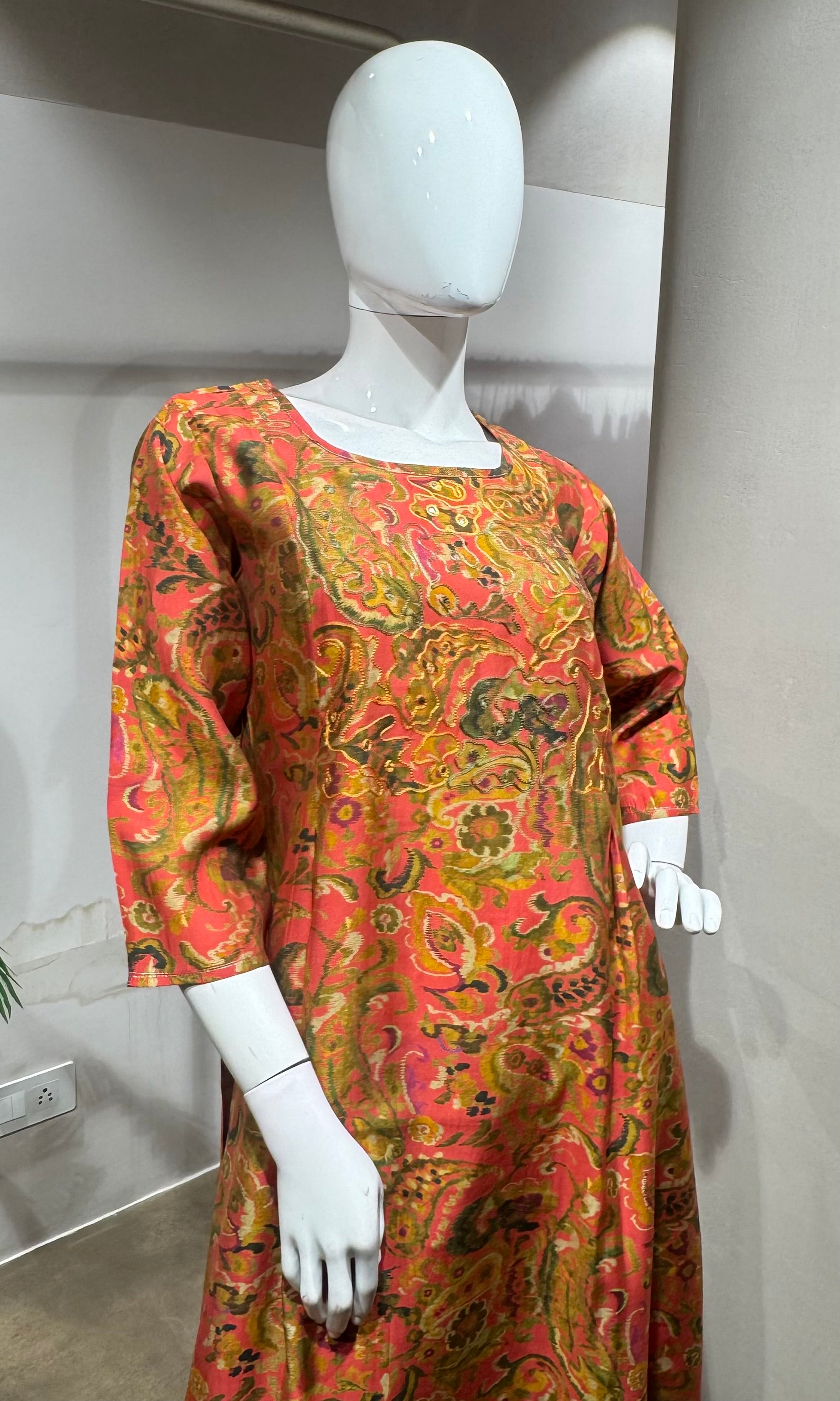 Rust floral printed A-line kurti with bottom