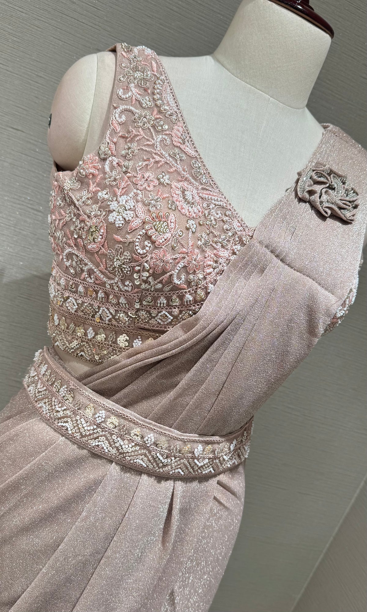 Rose Gold Shimmer Pre-Draped Saree With blouse & belt