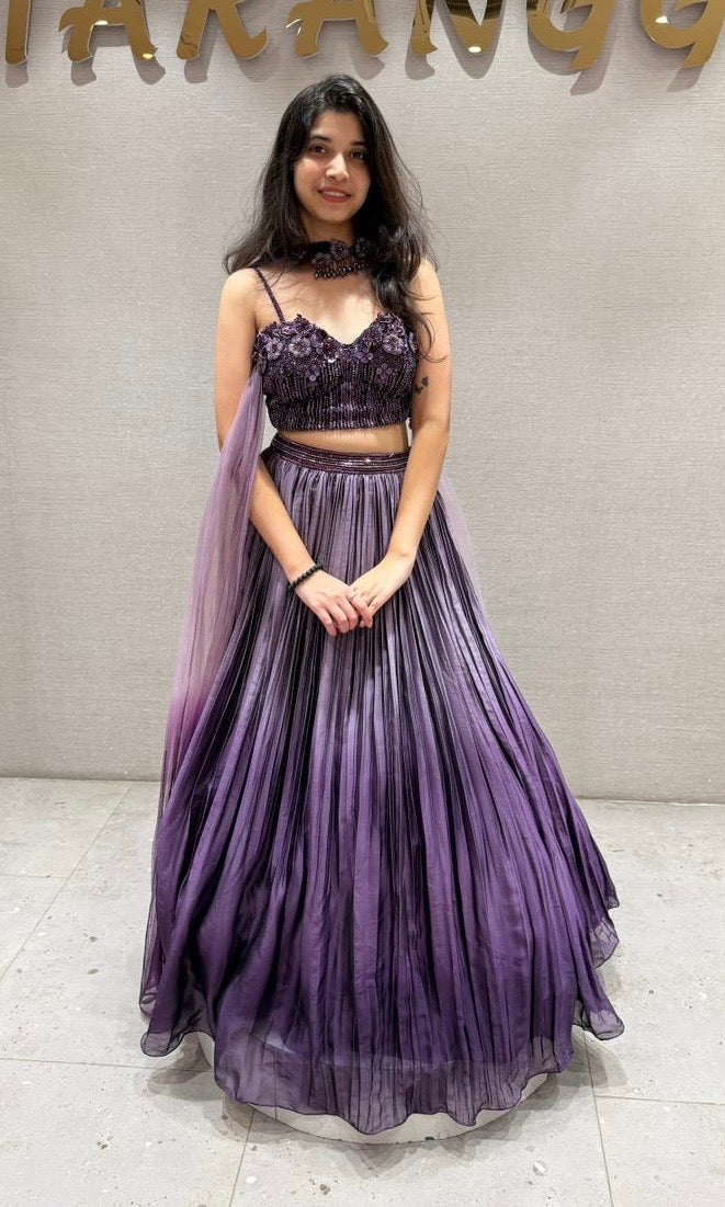 Purple Plum Embellished Blouse Pleated Lehenga