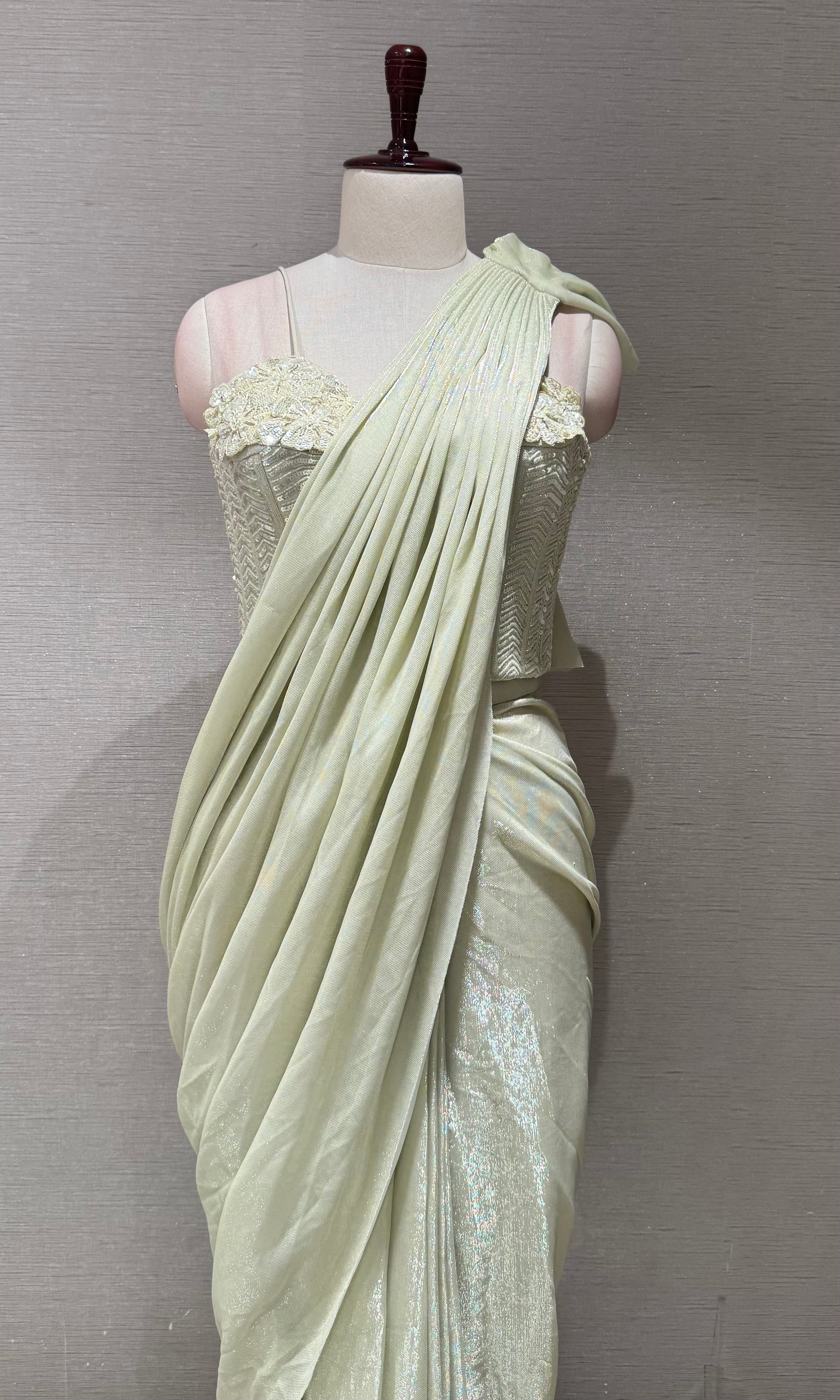 Pista green Pleated Drape Saree with corset blouse