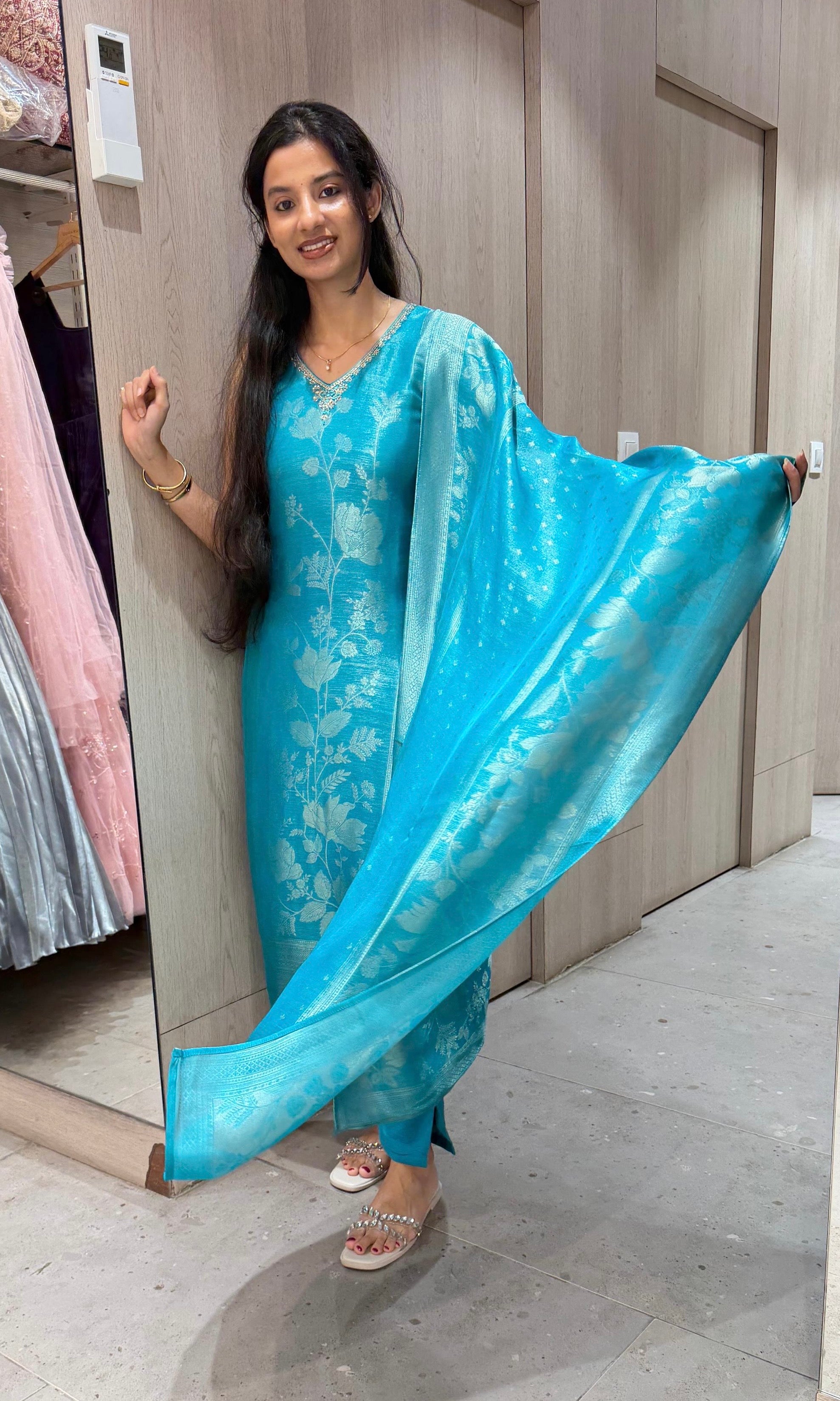 Rama blue banarasi kurta set with dupatta
