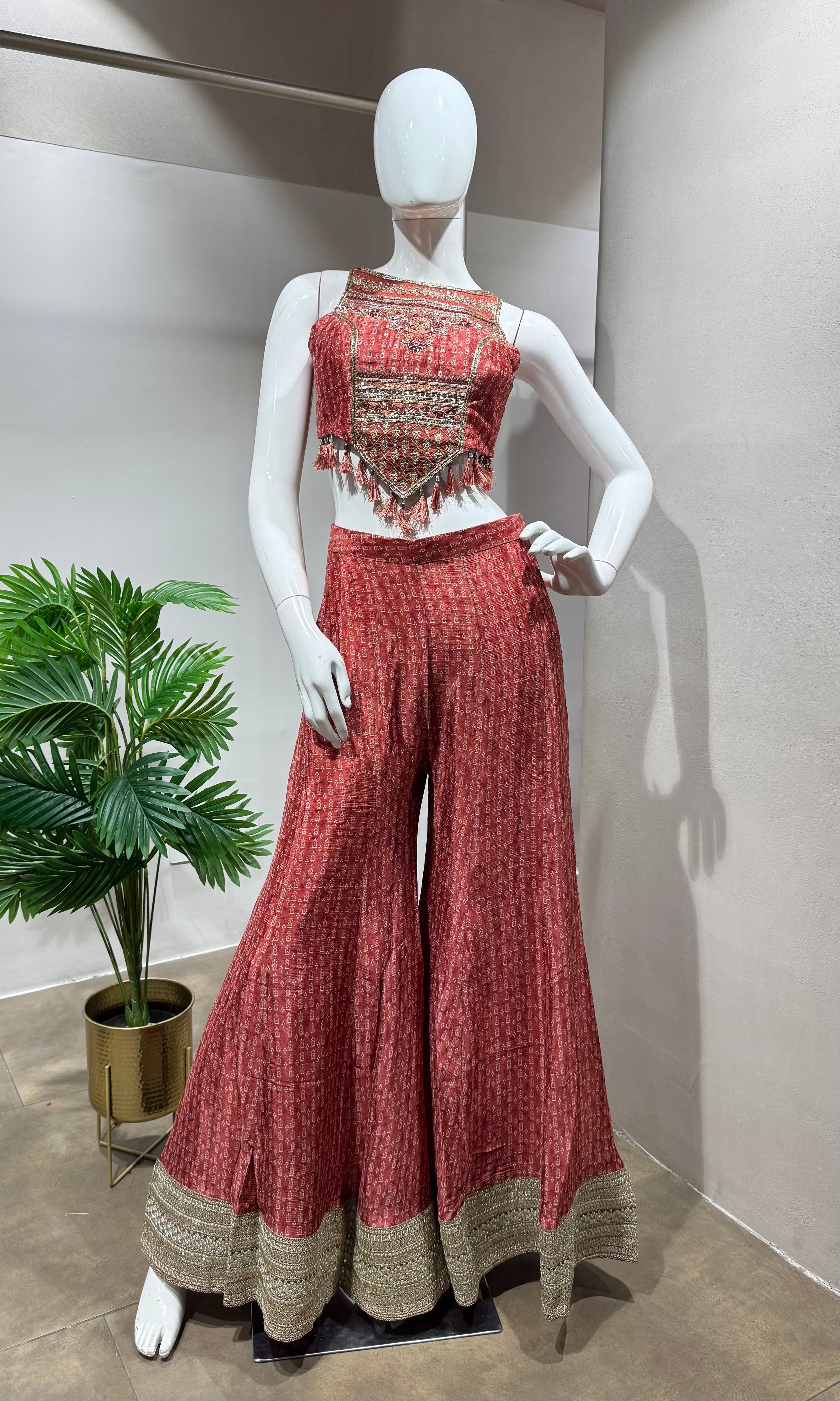 RUST EMBELLISHED BLOUSE WITH PLAZZO PANTS