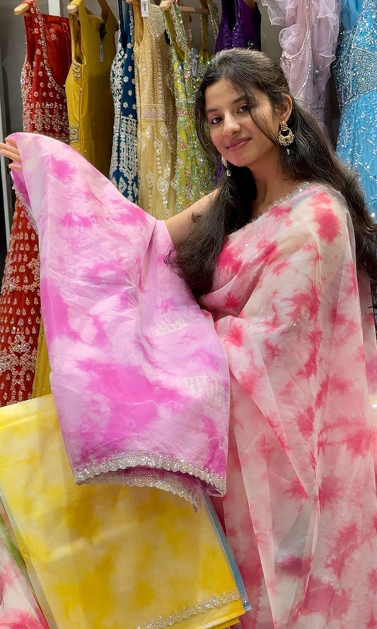 👩‍🎤Purple tie dye soft organza saree with silver work and complete work on blouse (unstitched )👩‍🎤