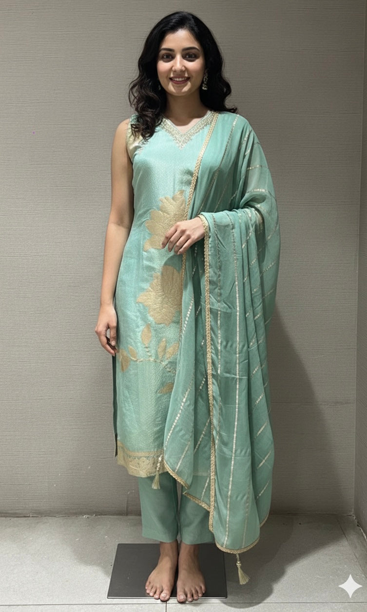 Sea green golden floral kurta set