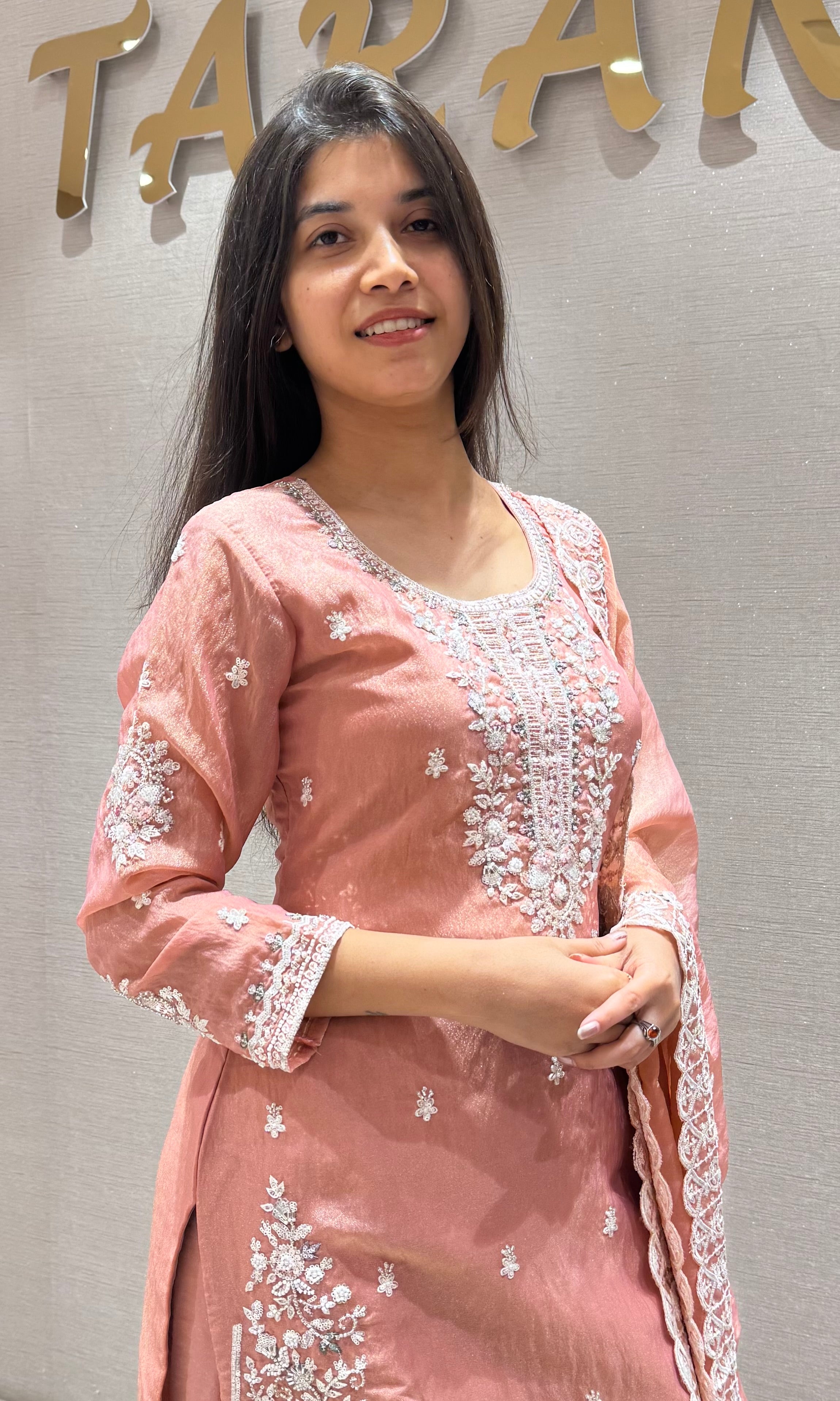 Peach Embroidered Organza SHARARA SUIT