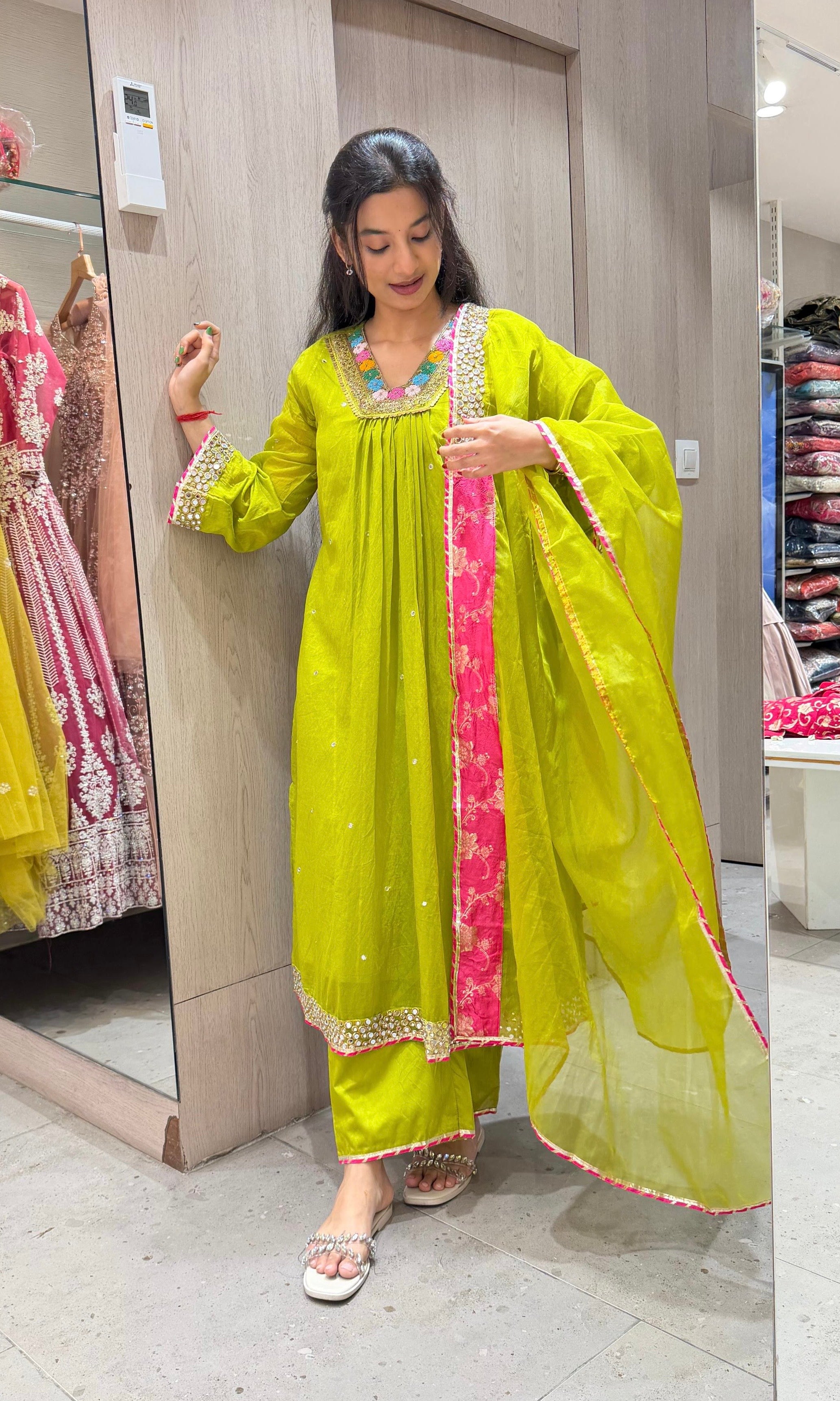 GREEN FLORAL NECK A LINE kurta set