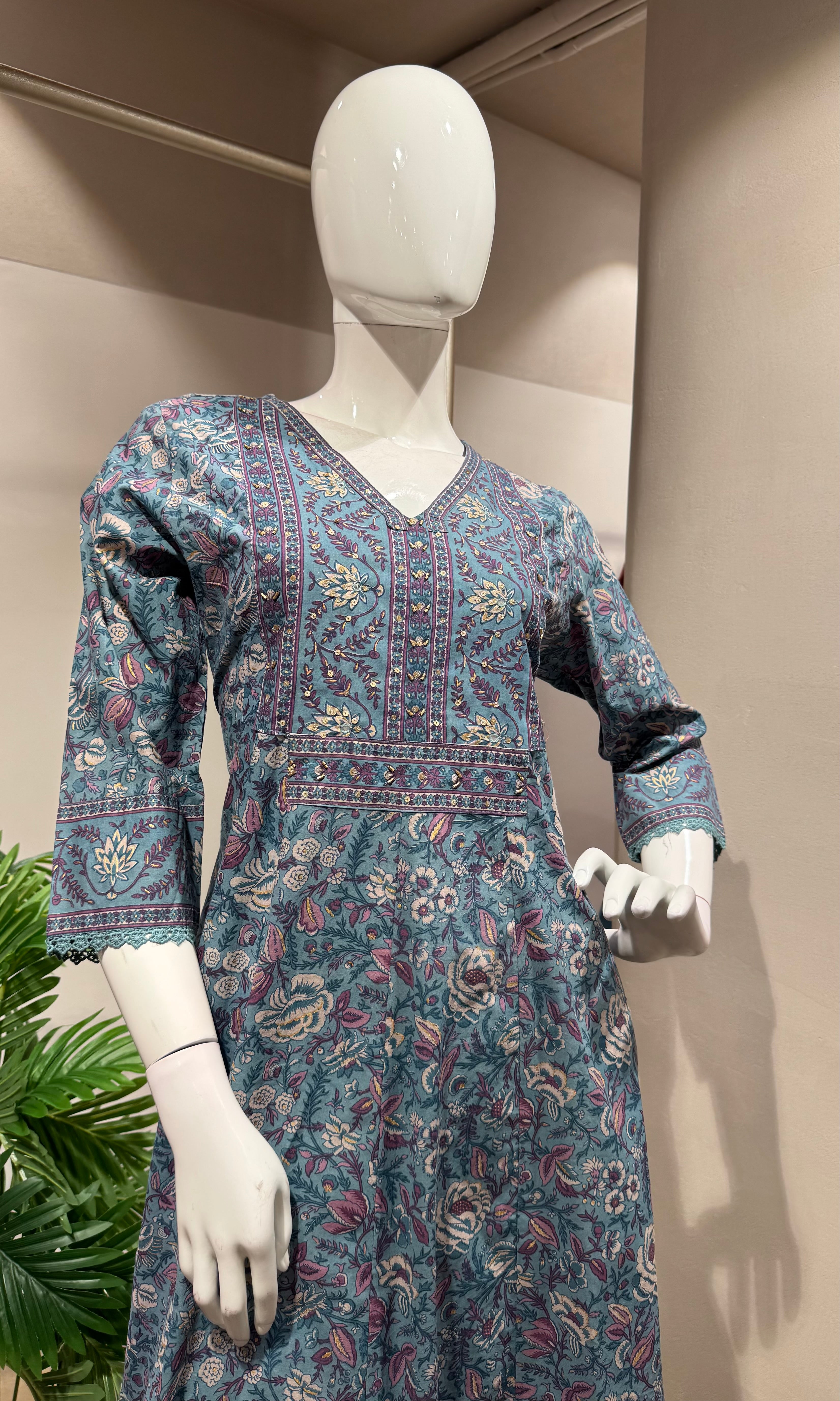 Blue Printed Pure Cotton Anarkali Kurta Set