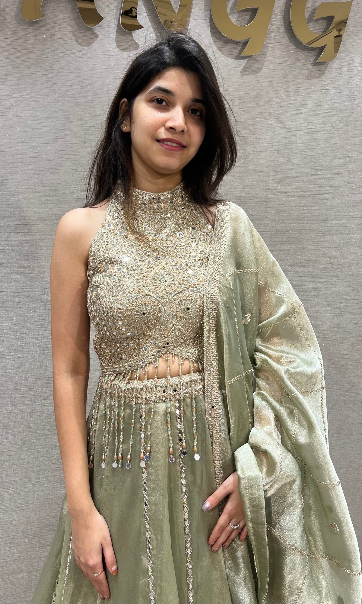 Mint Crush tissue silk Sequined Halter Lehenga set