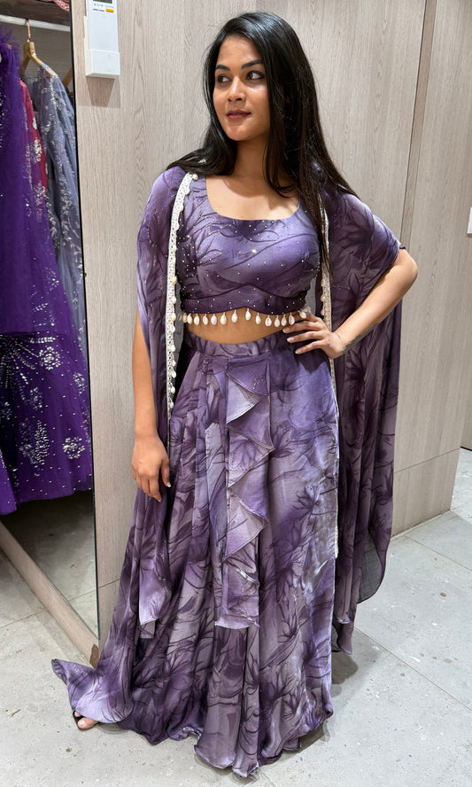 🪻Purple 3 piece Indo western dress with cape🪻