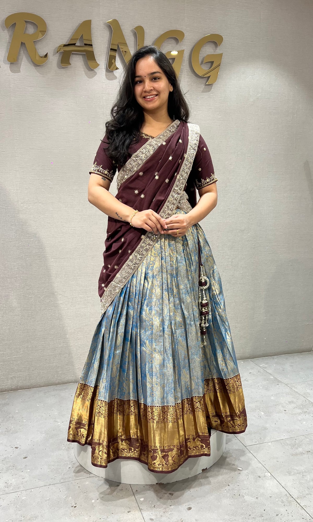 Brown BLUE BANARASI PATTU LEHENGA WITH EMBROIDERED BLOUSE