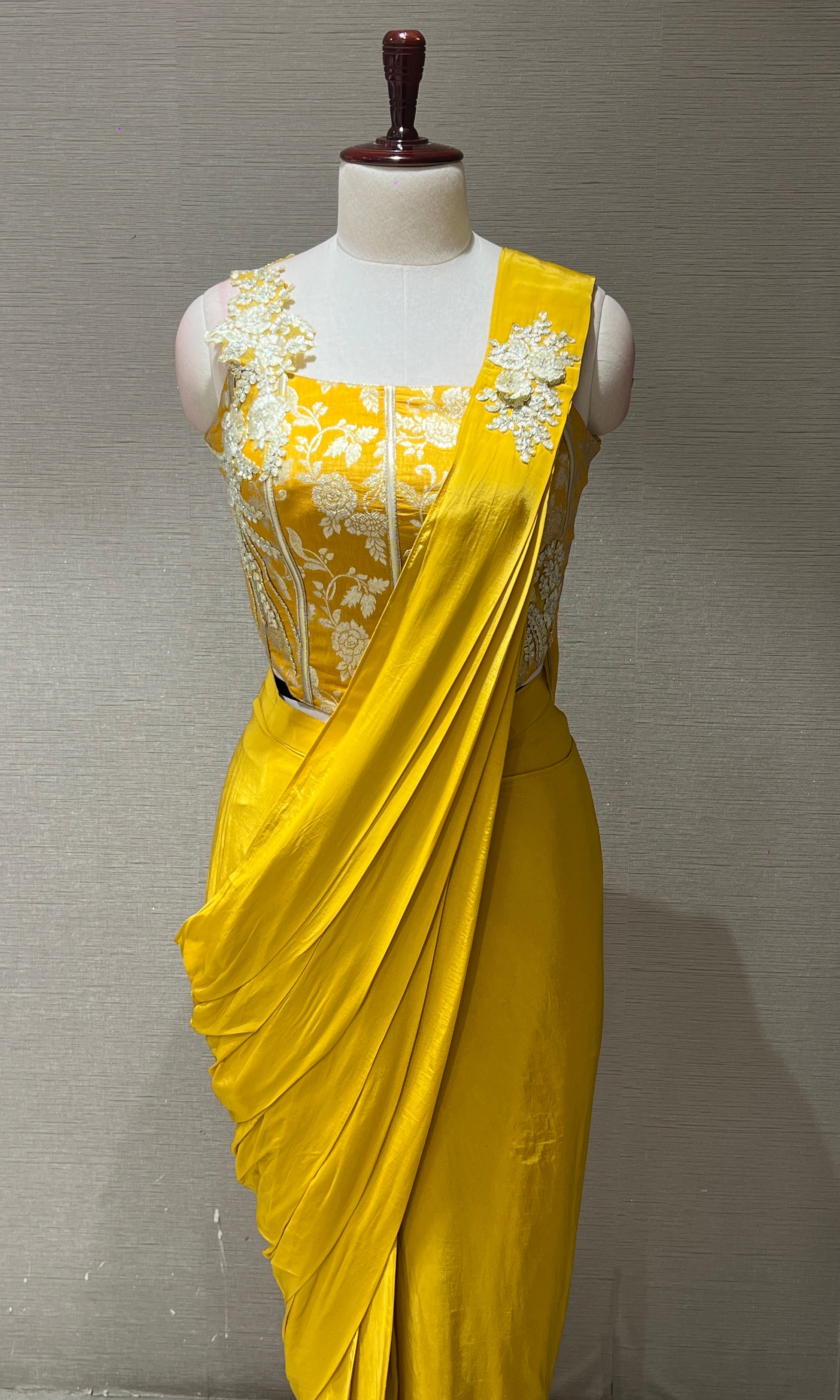 Mustard yellow one minute saree