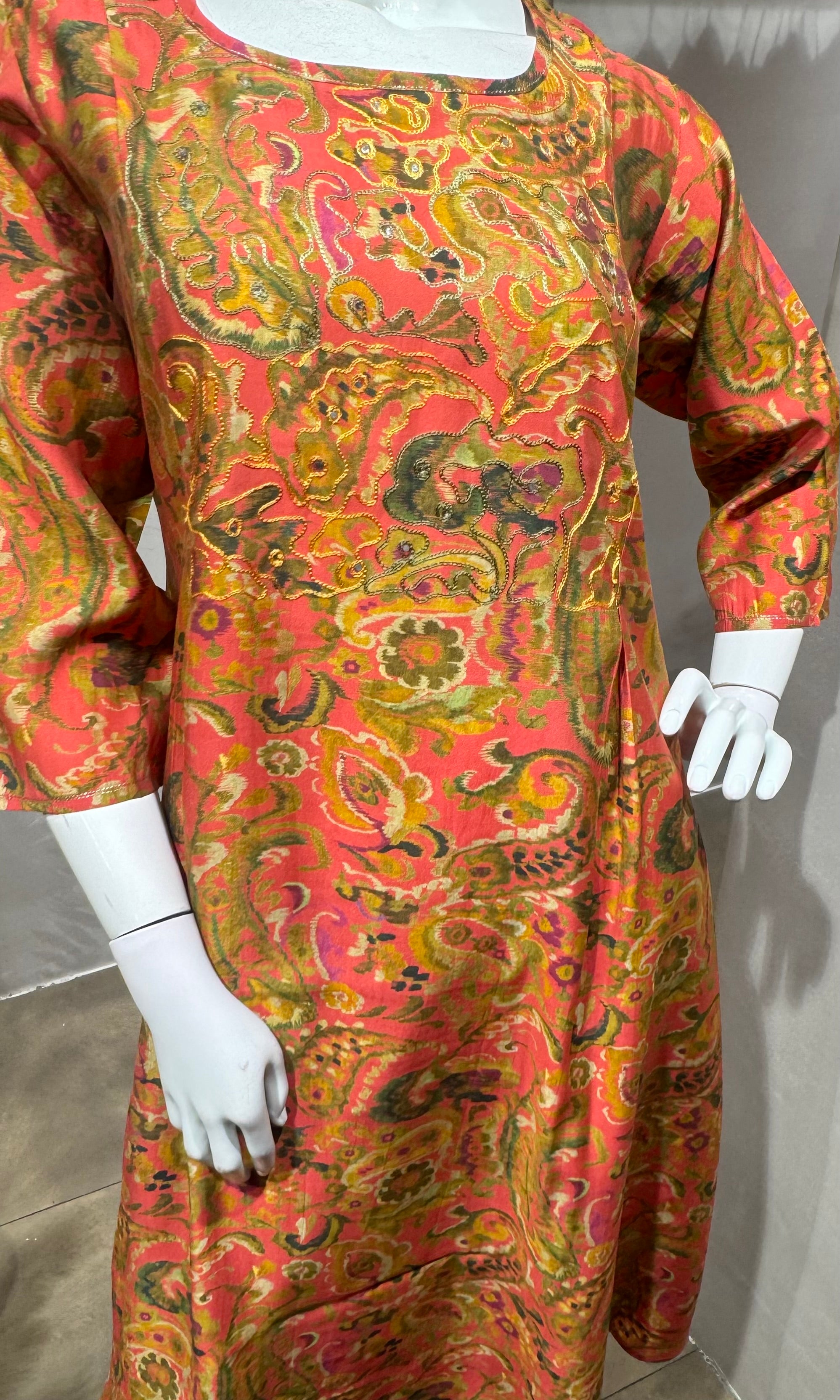 Rust floral printed A-line kurti with bottom