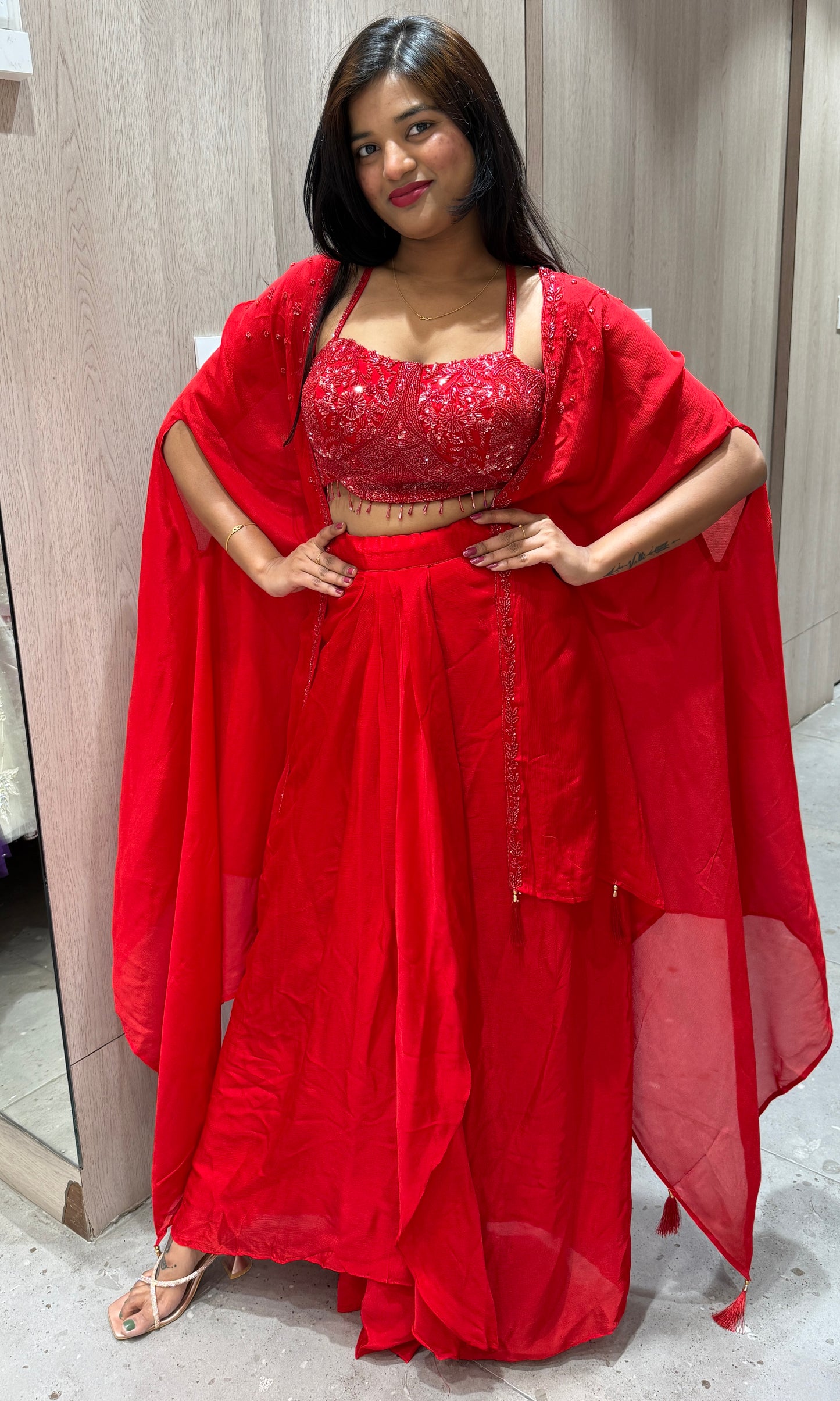 ❤️Red 3 piece Indo western dress with cape❤️