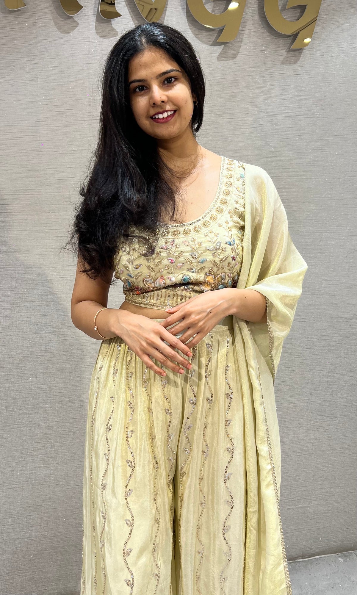 Half white Embroidered Tissue silk Crop Top Palazzo Set with Dupatta