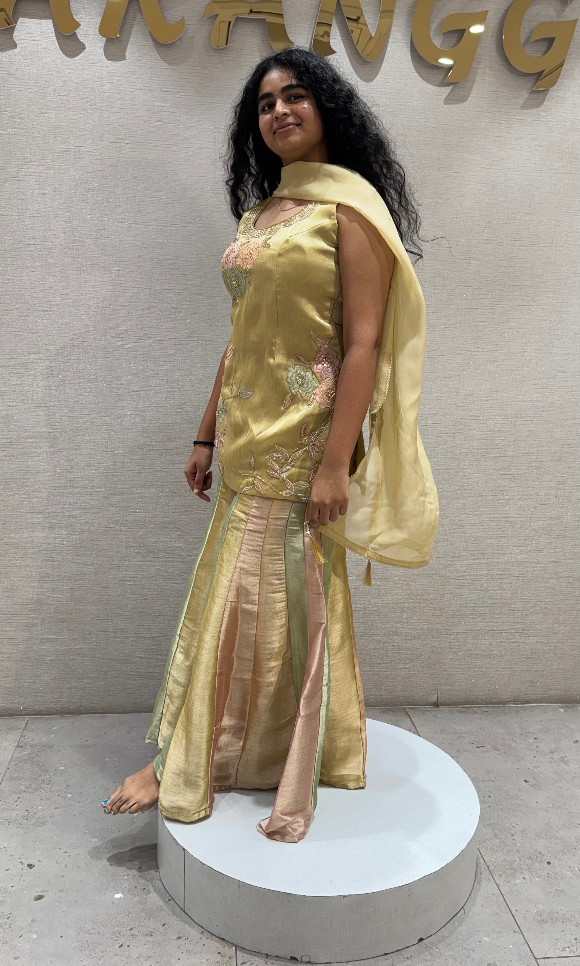 GOLD Tissue Silk Sharara with Floral Embroidery
