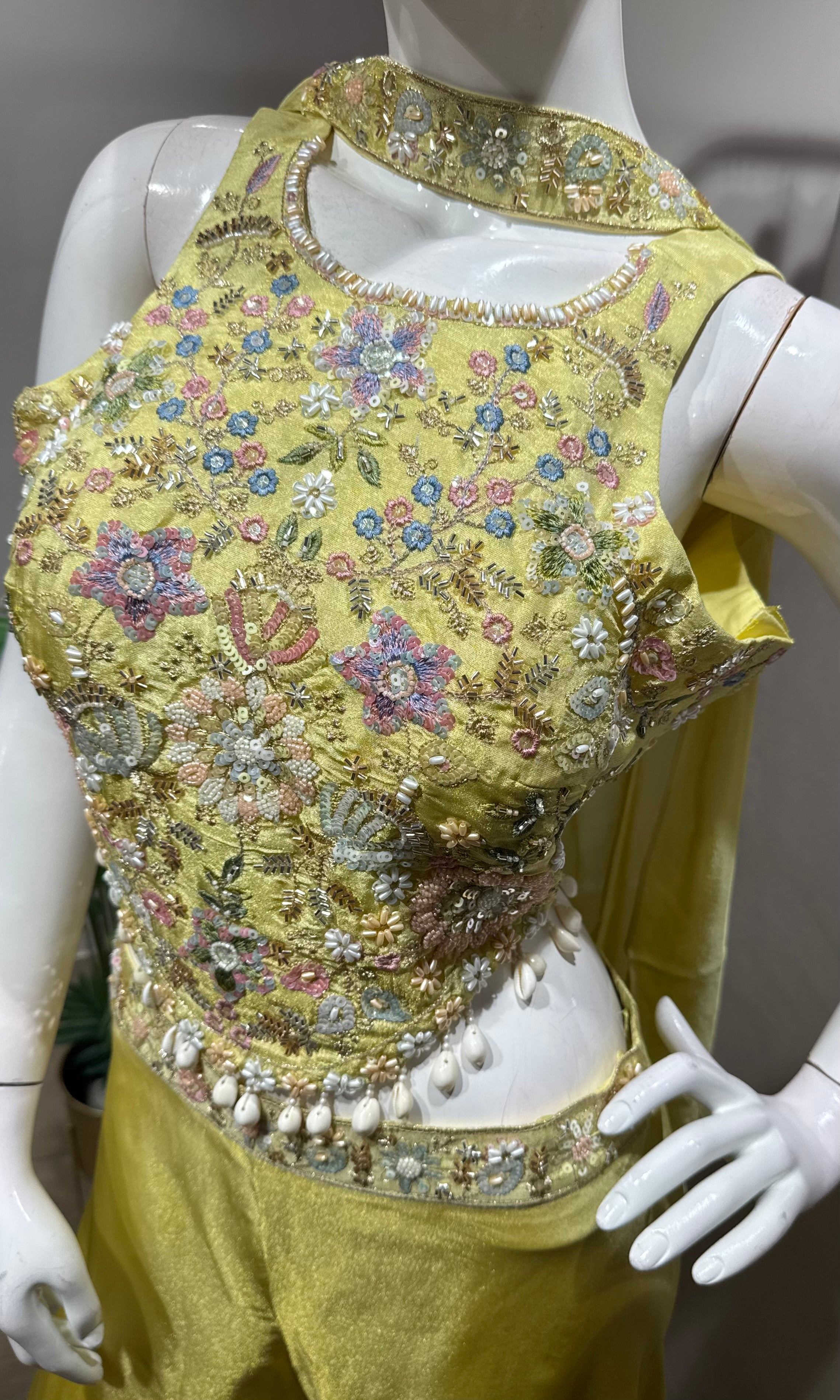 Lime YELLOW Silk Palazzo set with Scalloped Tassel