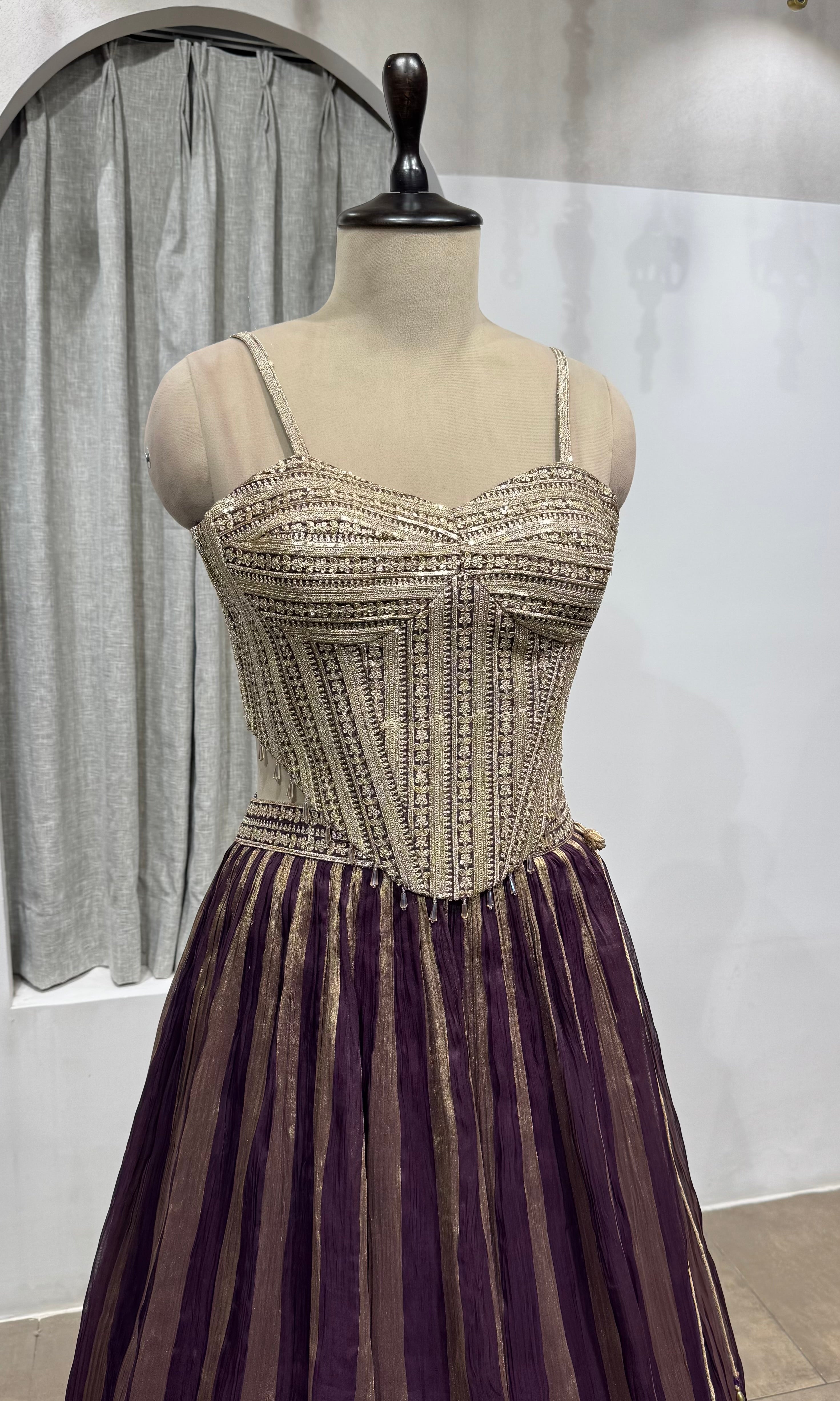 wine and gold striped corset lehenga