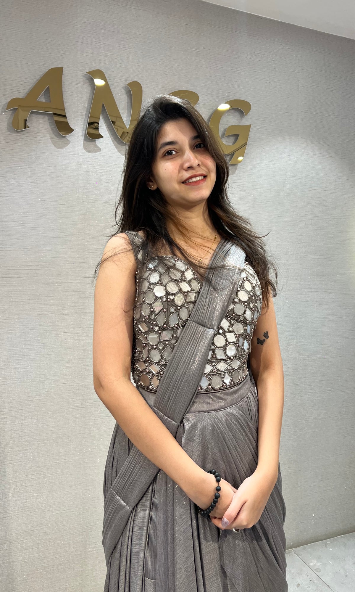 Metallic Grey Embellished Saree with corset blouse