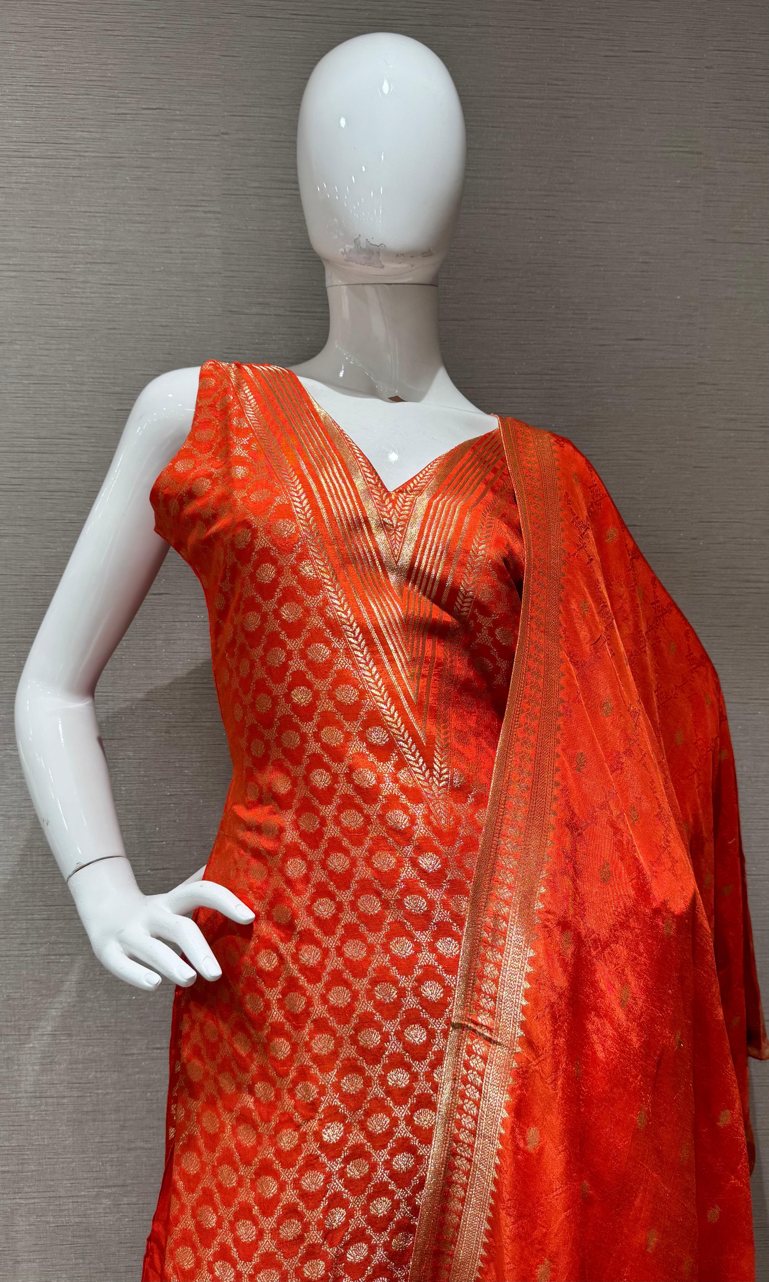 Orange Golden Embroidered Kurta Set with Dupatta