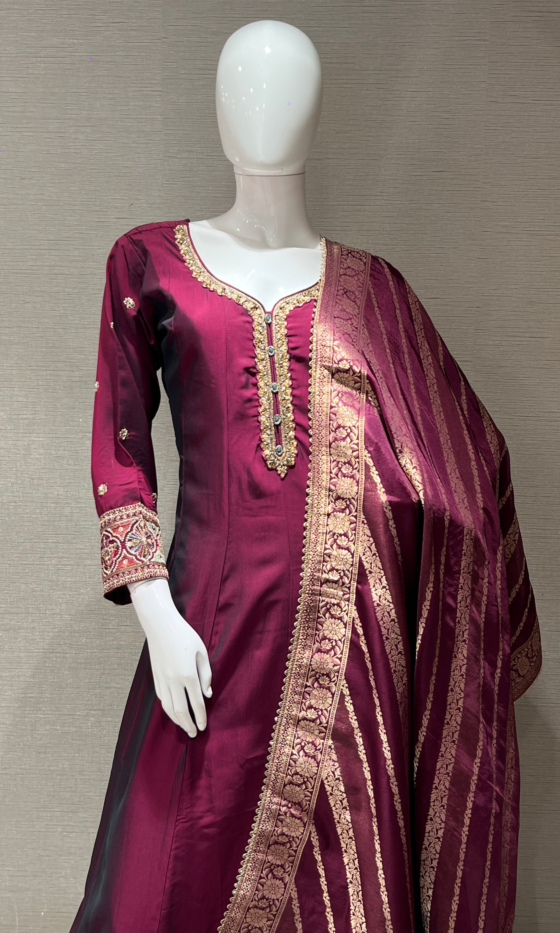 wine gold embroidery anarkali set