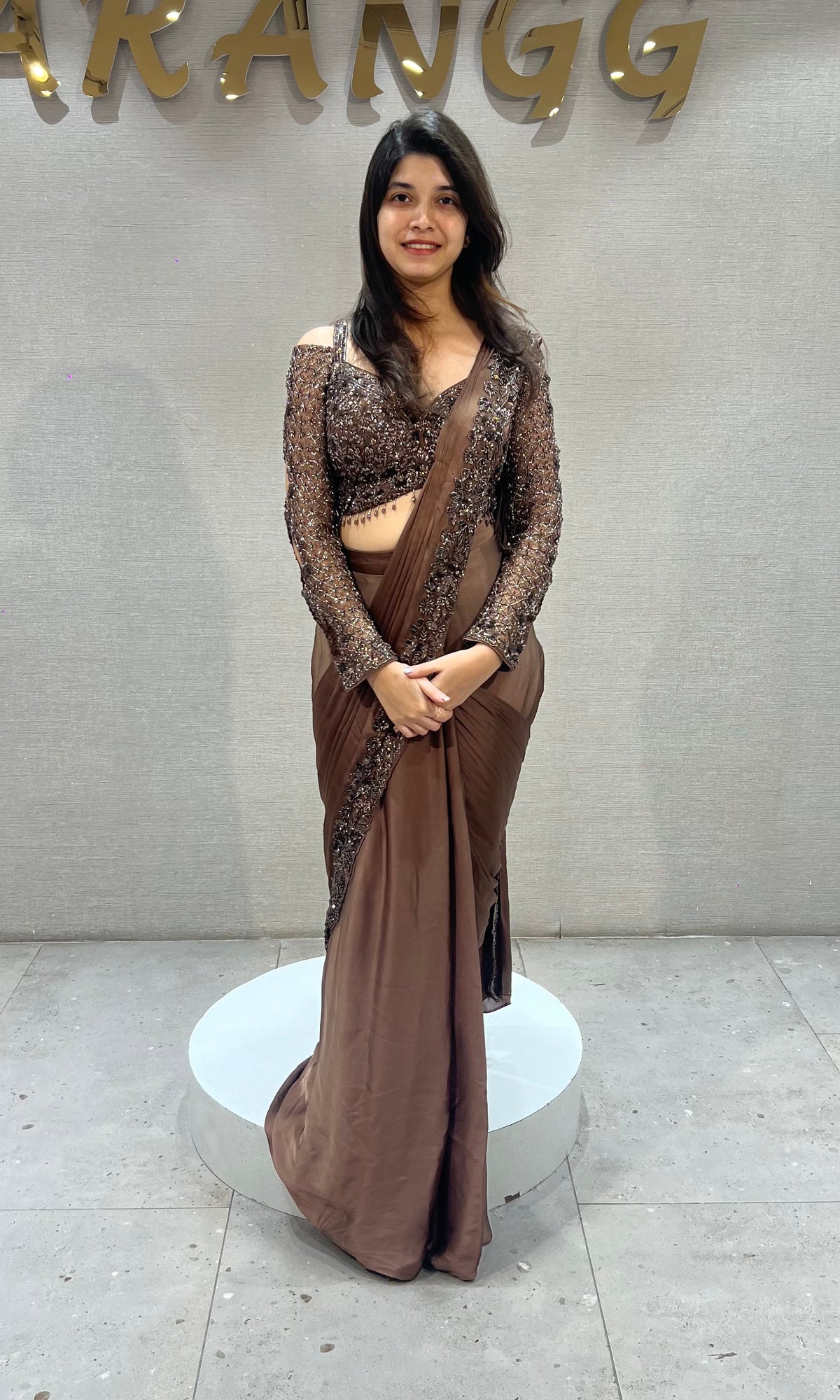 Chocolate Brown Draped Satin Saree Set