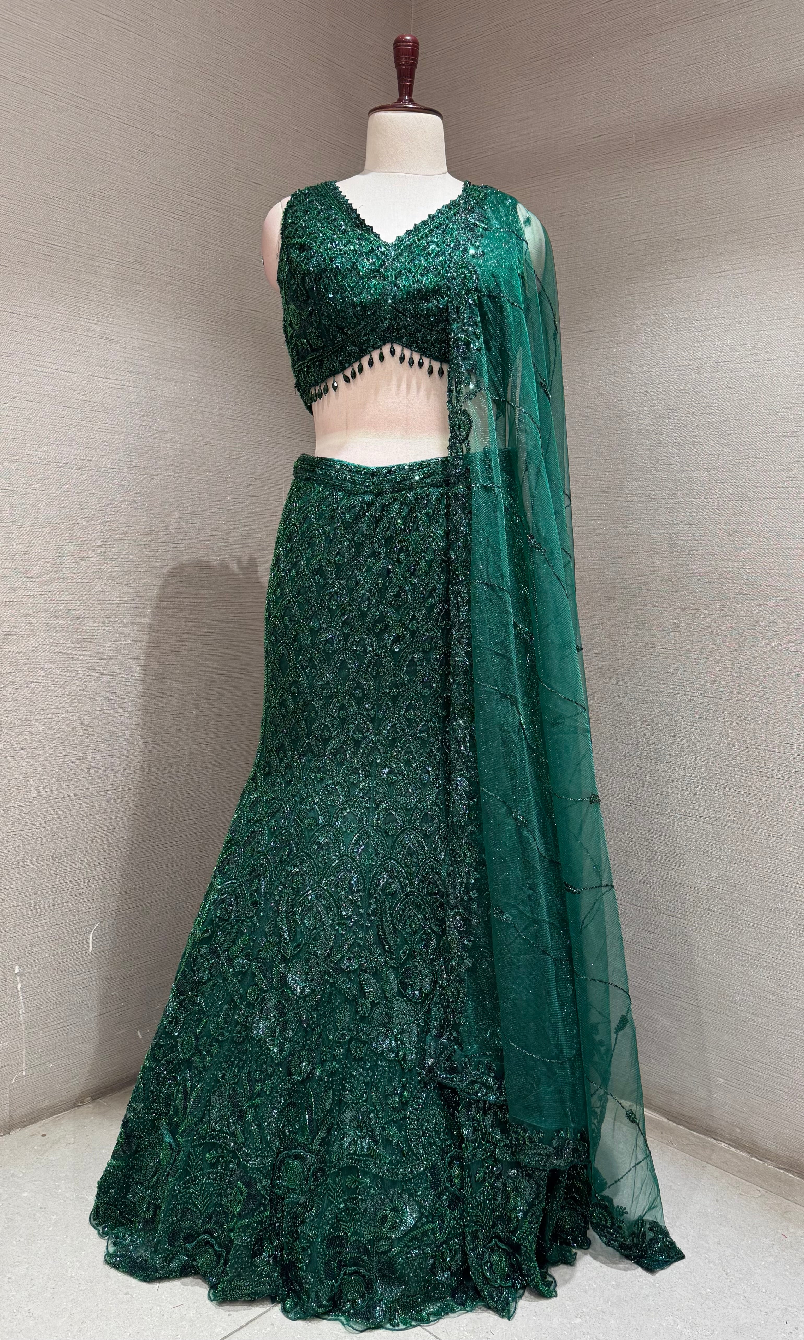 Green Fish Cut Sequined Lehenga Choli Set